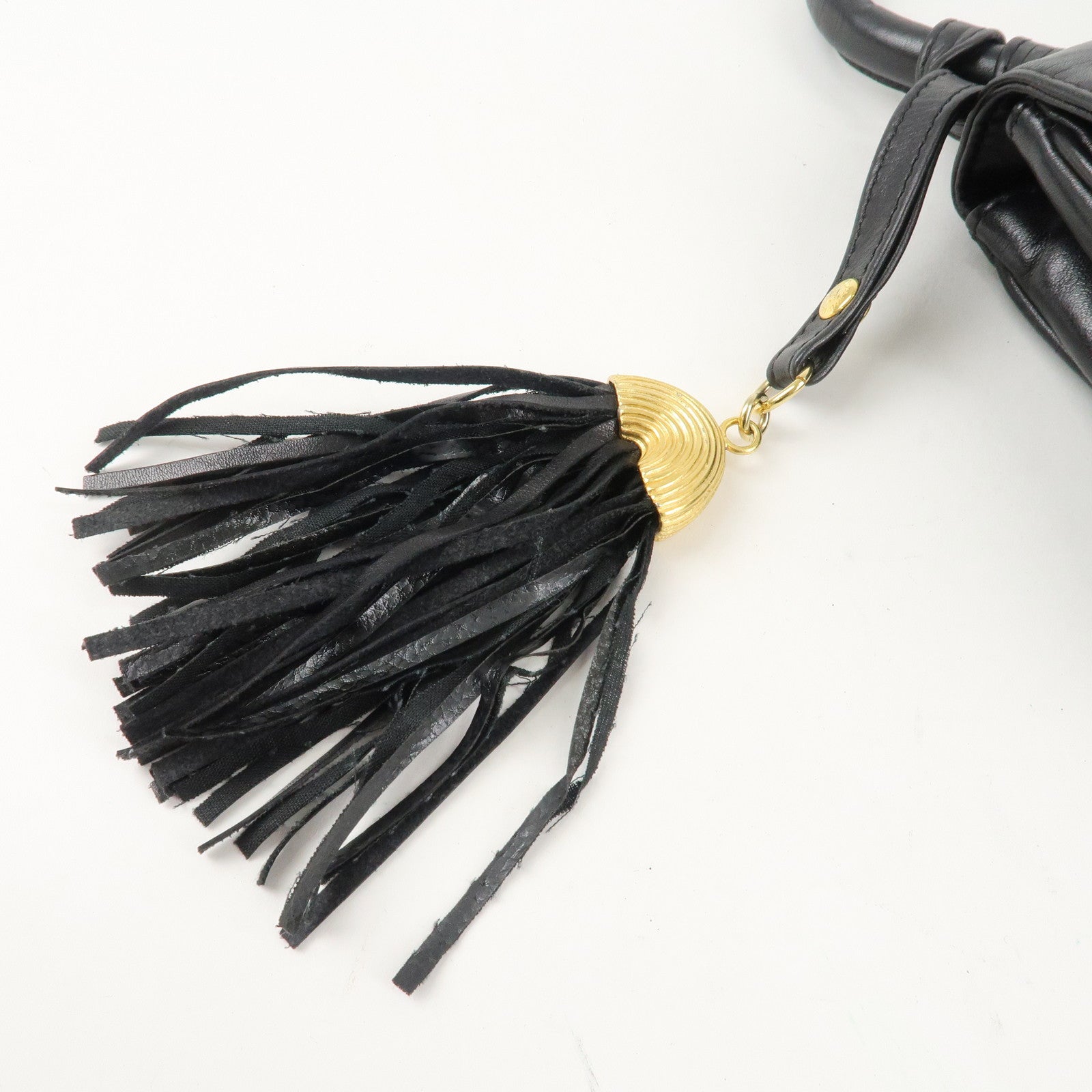 FENDI Leather Hand Bag Tassel Charm Gold Hardware Black Used