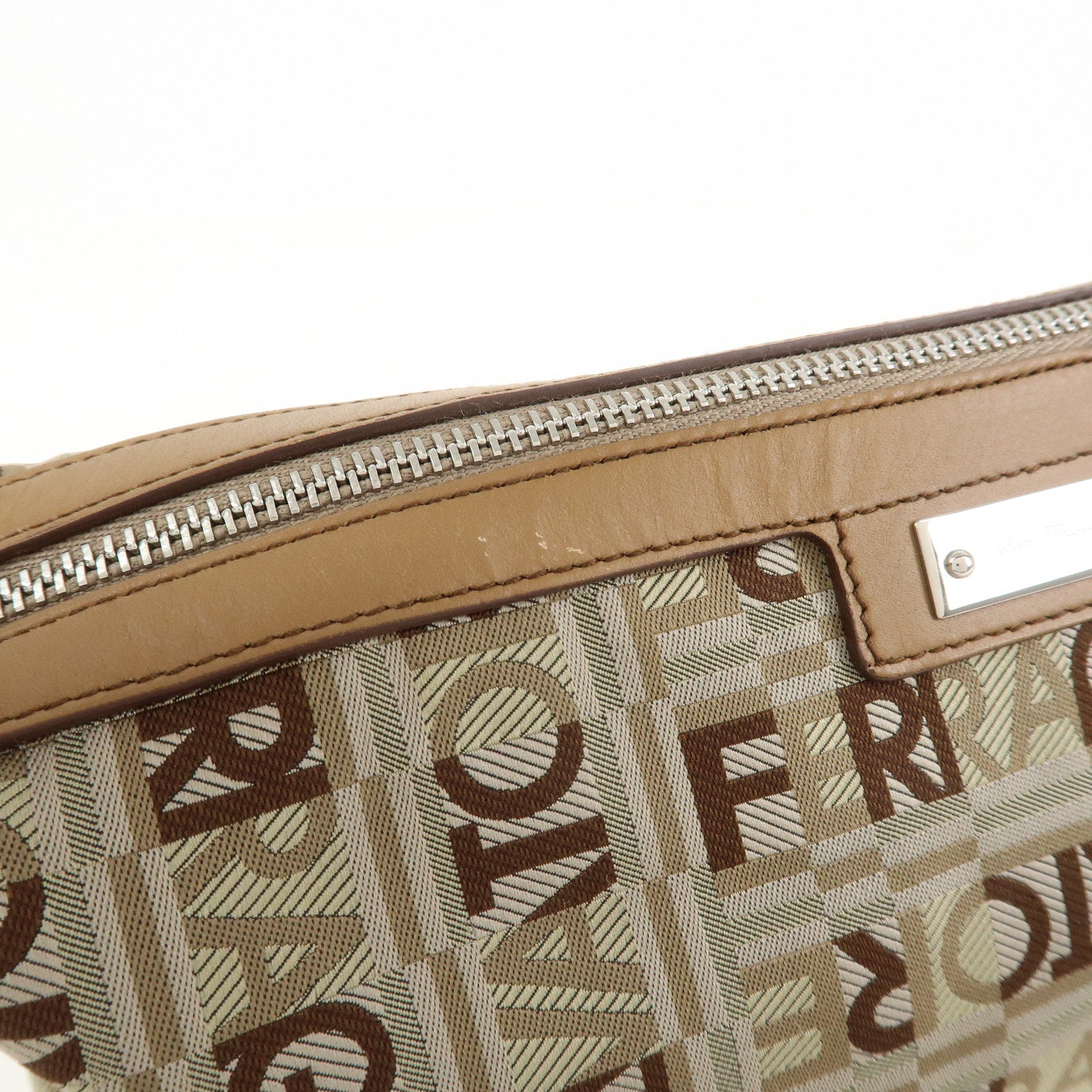 Ferragamo Logo Canvas Leather Hand Bag Shoulder Bag Beige Brown