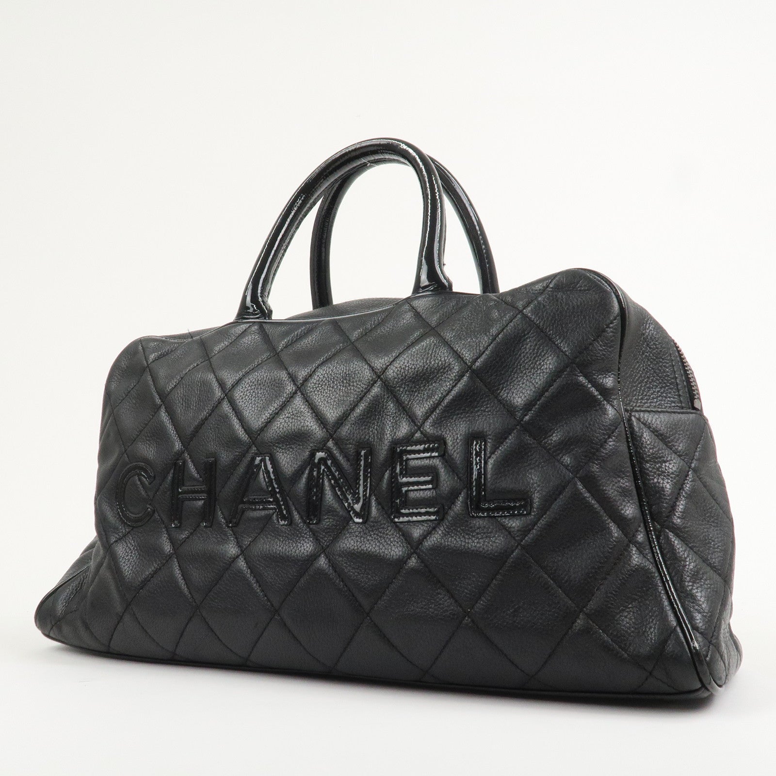 CHANEL Matelasse Leather Boston Bag Bowling Bag Black A15685
