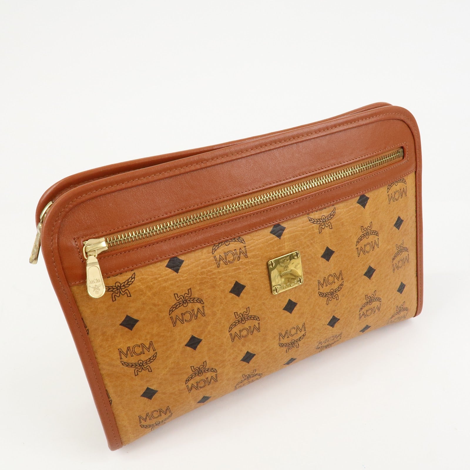 MCM Visetos Leather Clutch Bag Pouch Light Brown