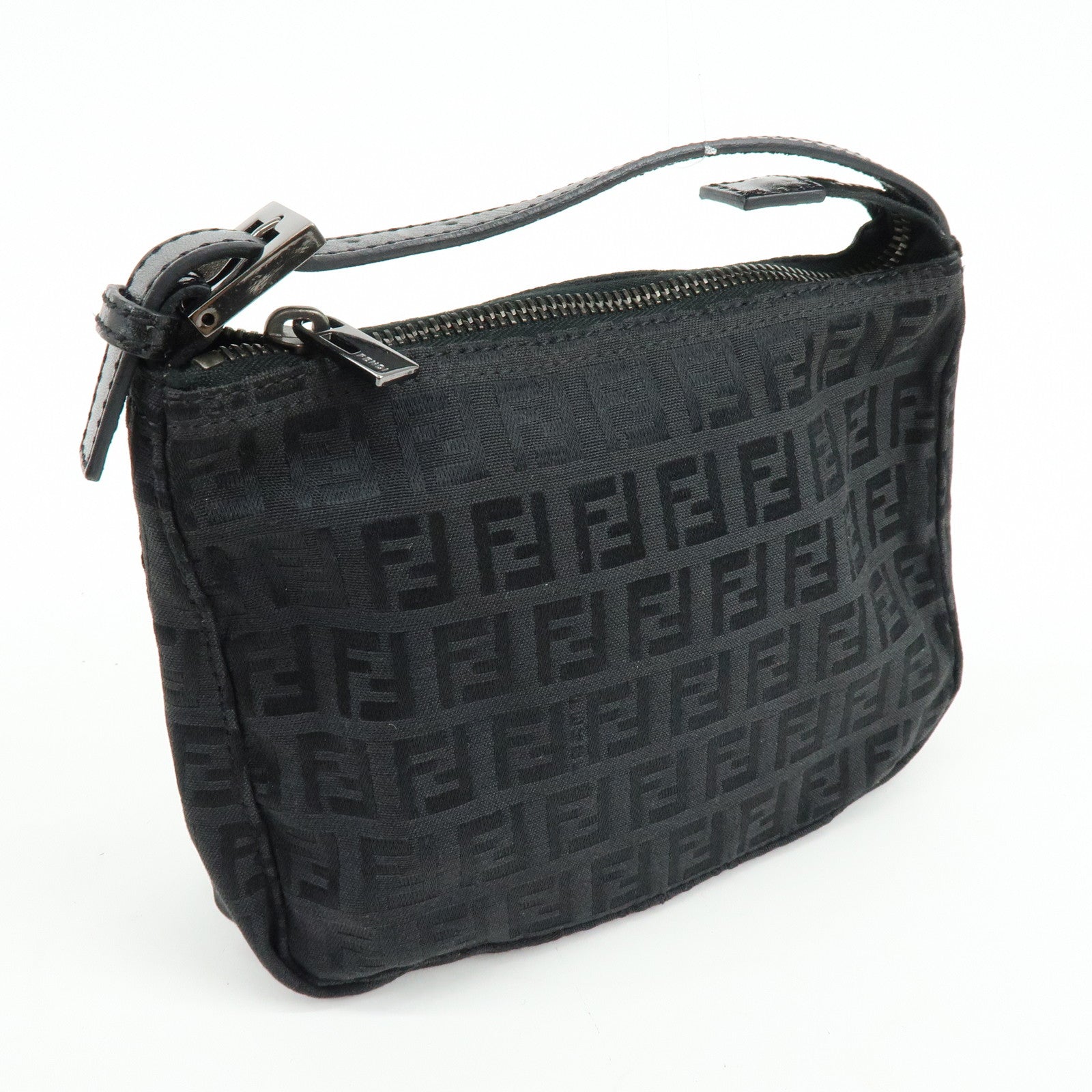 FENDI Zucchino Canvas Leather Hand Bag Pouch Black 8N0001