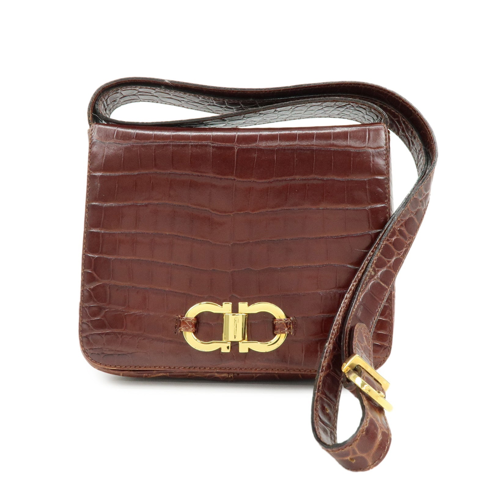 Ferragamo Gancini Embossed Leather Shoulder Bag Crossbody Bag Brown