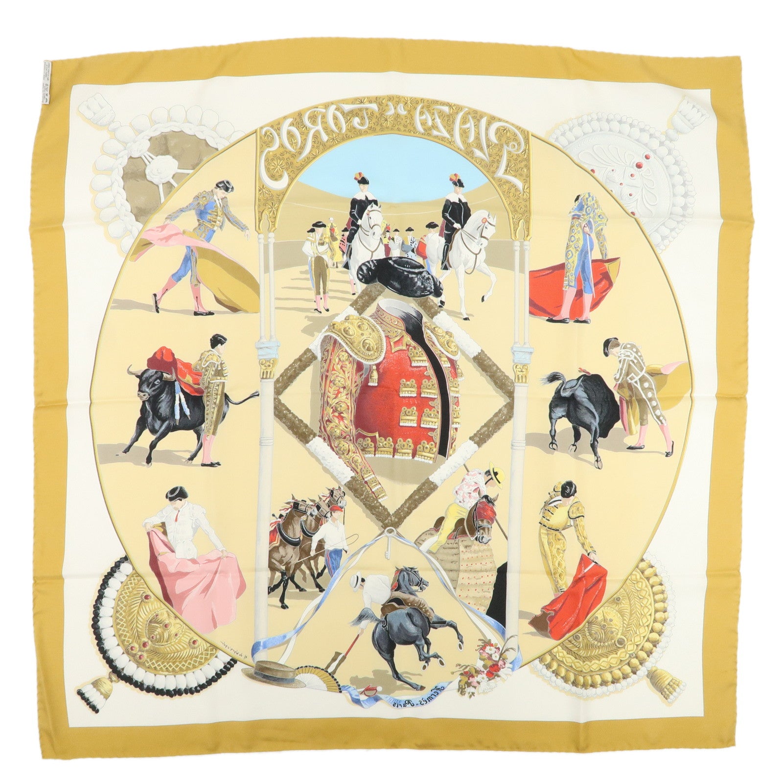 HERMES Carre 90 Silk 100% Scarf Plaza de Toros Bullring Gold Beige