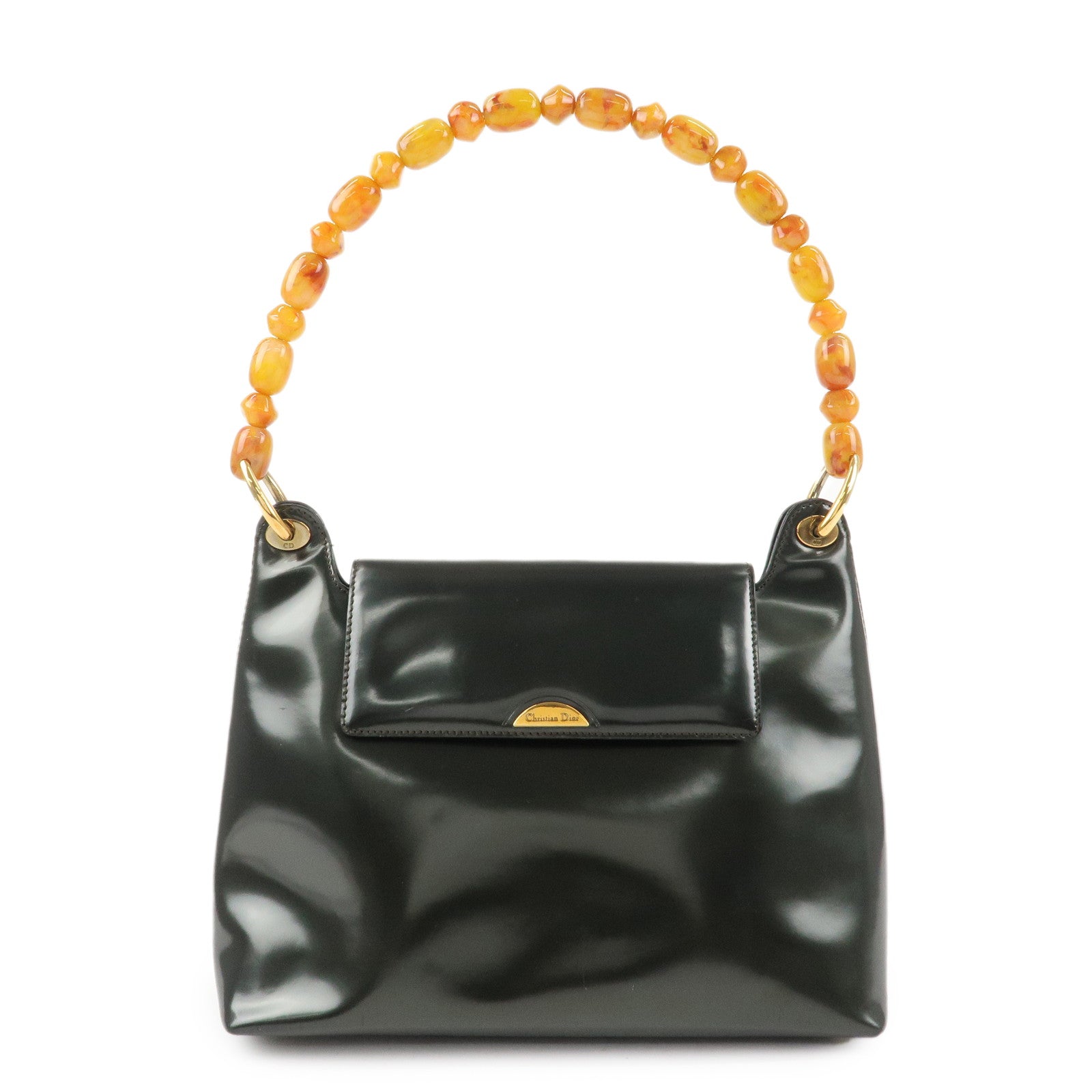 Christian Dior Enamel Leather Maris Pearl Shoulder Bag Hand Bag Khaki Used