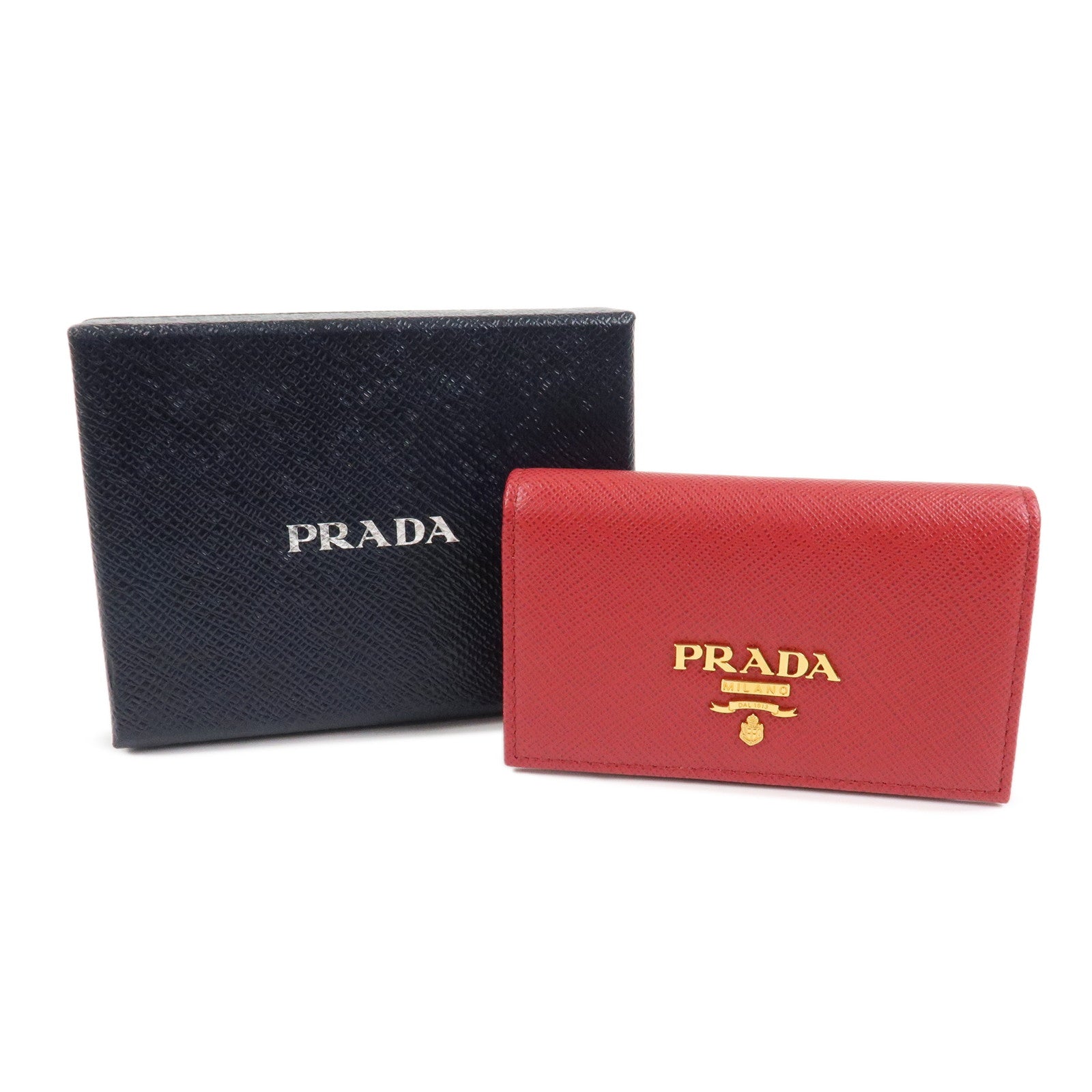 PRADA Logo Saffiano Leather Card Case Red Gold 1MC122