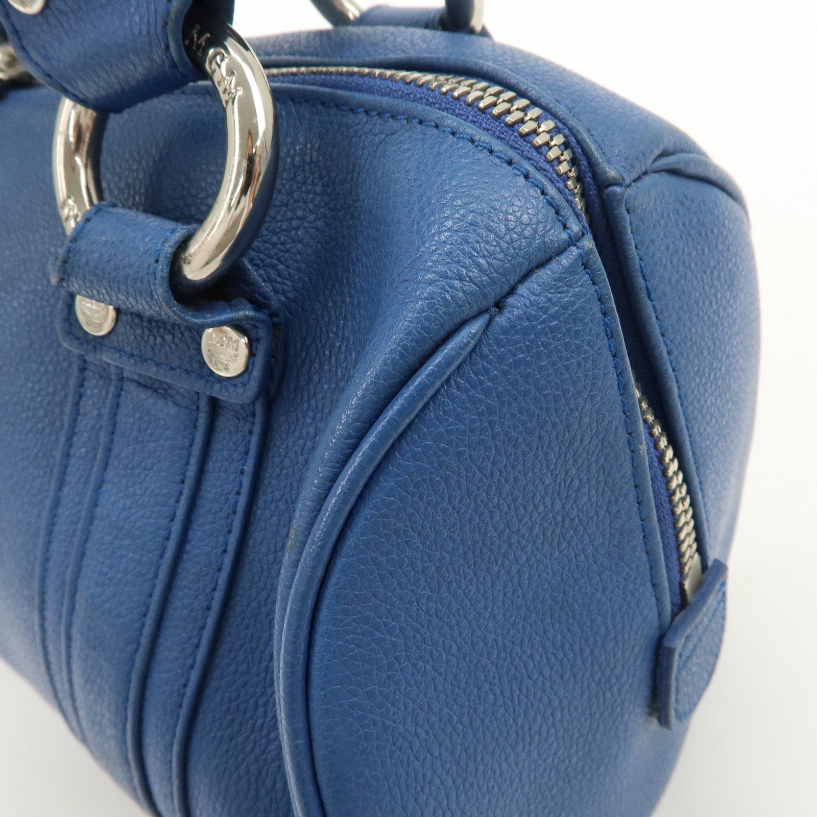 MCM Logo Leather Hand Bag Silver Studs Blue
