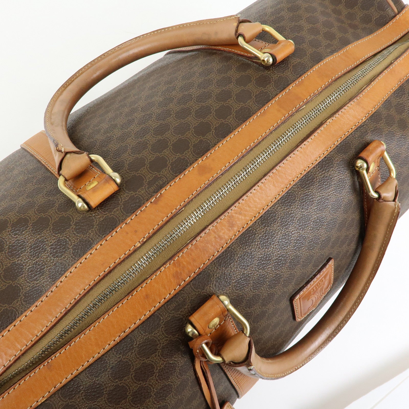 CELINE Logo Macadam PVC Leather Boston Bag Hand Bag Brown