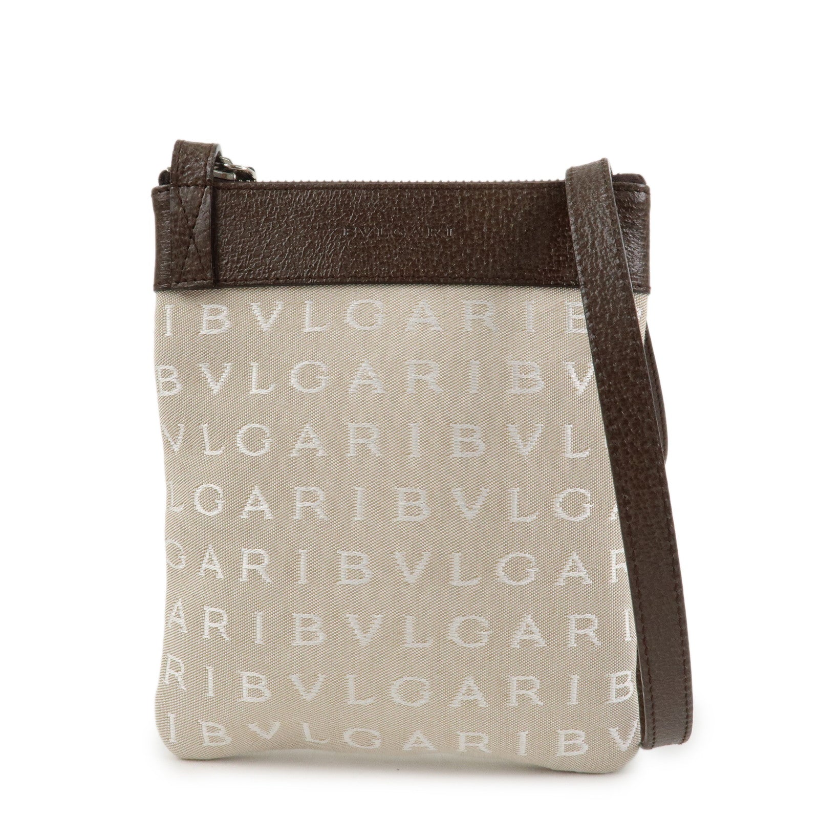 BVLGARI Logo Mania Leather Canvas Shoulder Bag Beige Brown