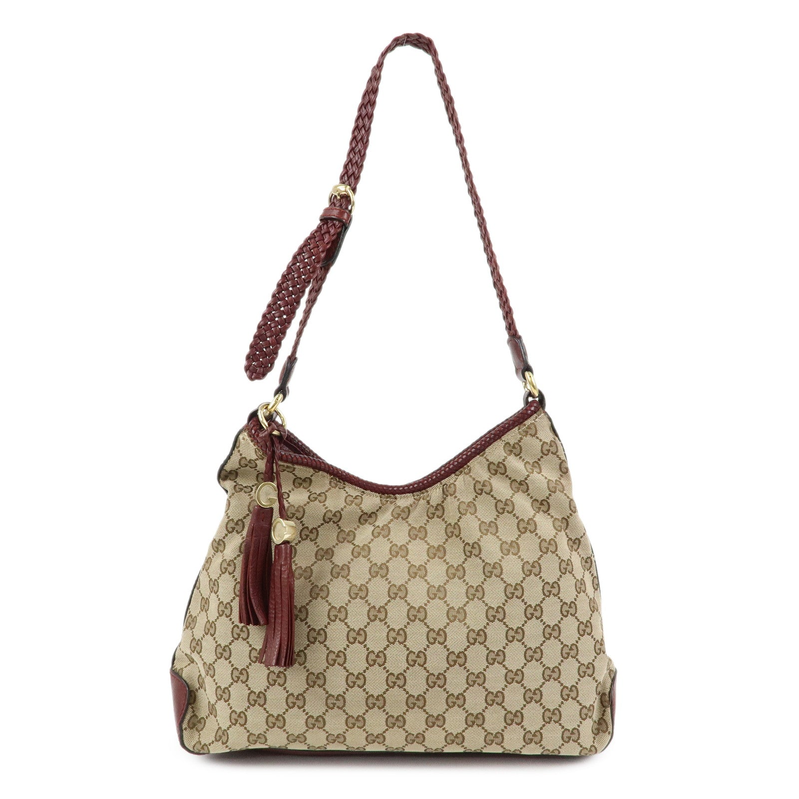 GUCCI Marrakech GG Canvas Leather Tassel Shoulder Bag Beige 257026