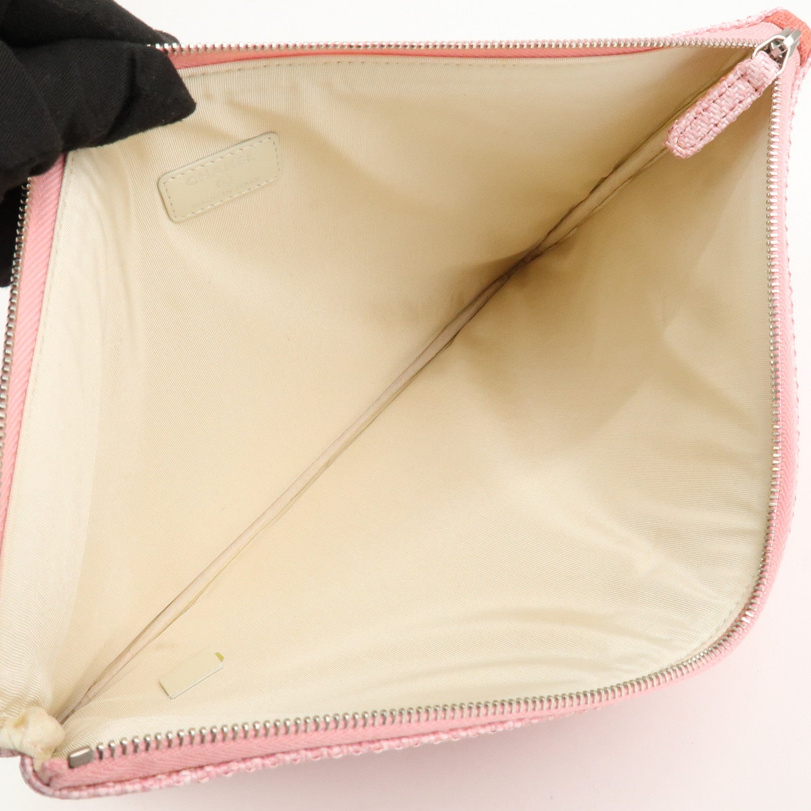 CHANEL Deauville Straw Clutch Bag Pouch Pink Red