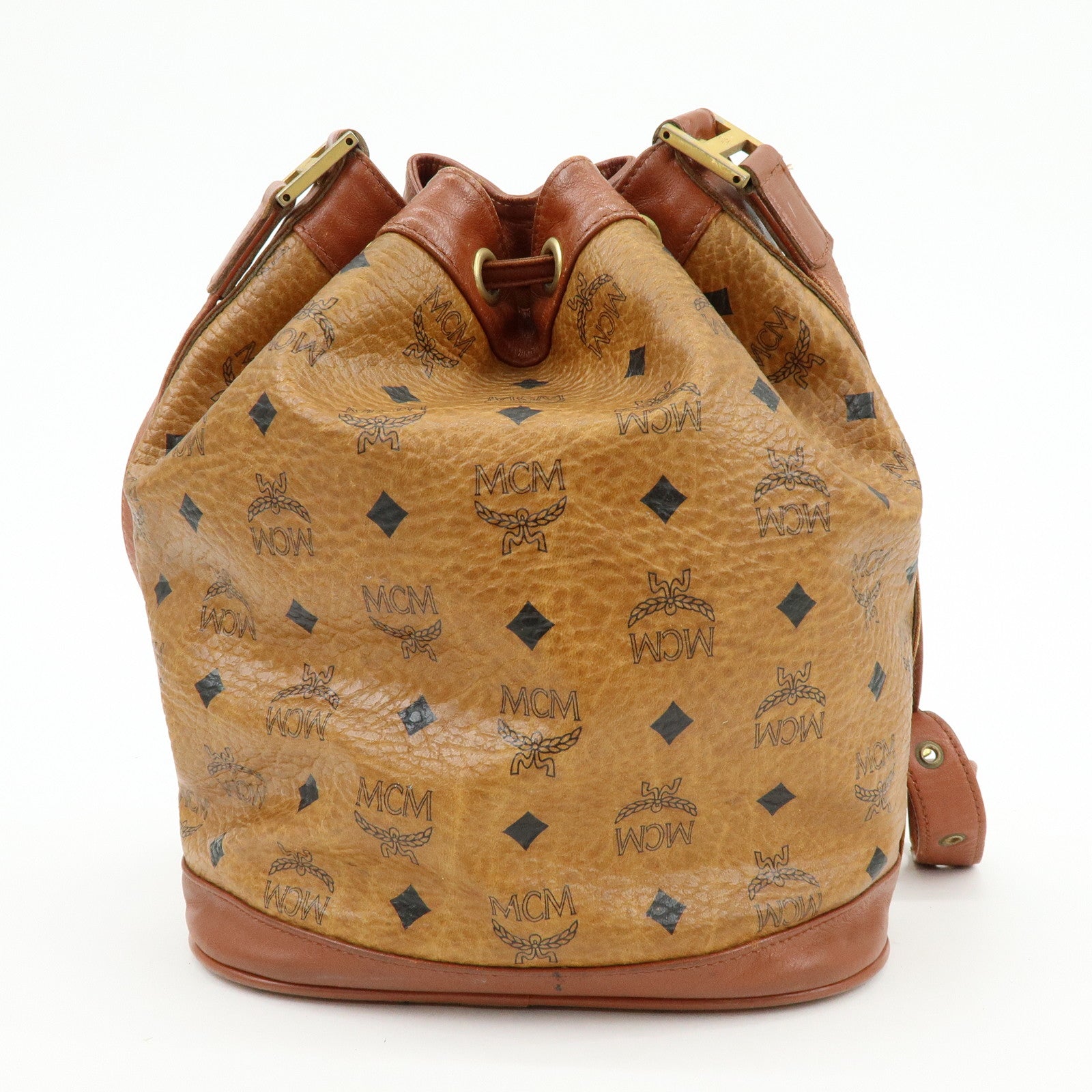 MCM Visetos Leather Drawstring Shoulder Bag Crossbody Bag Brown