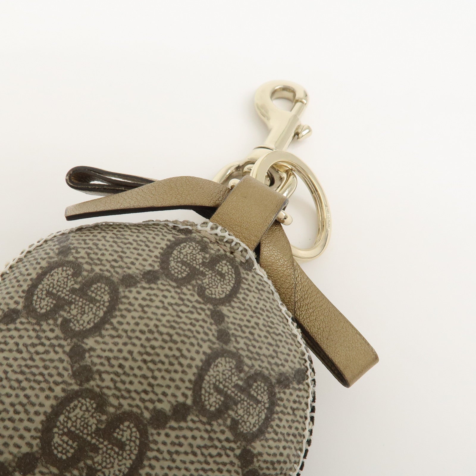 GUCCI GG Plus Suede Leather Bag Charm Key Chain Beige Black 206078