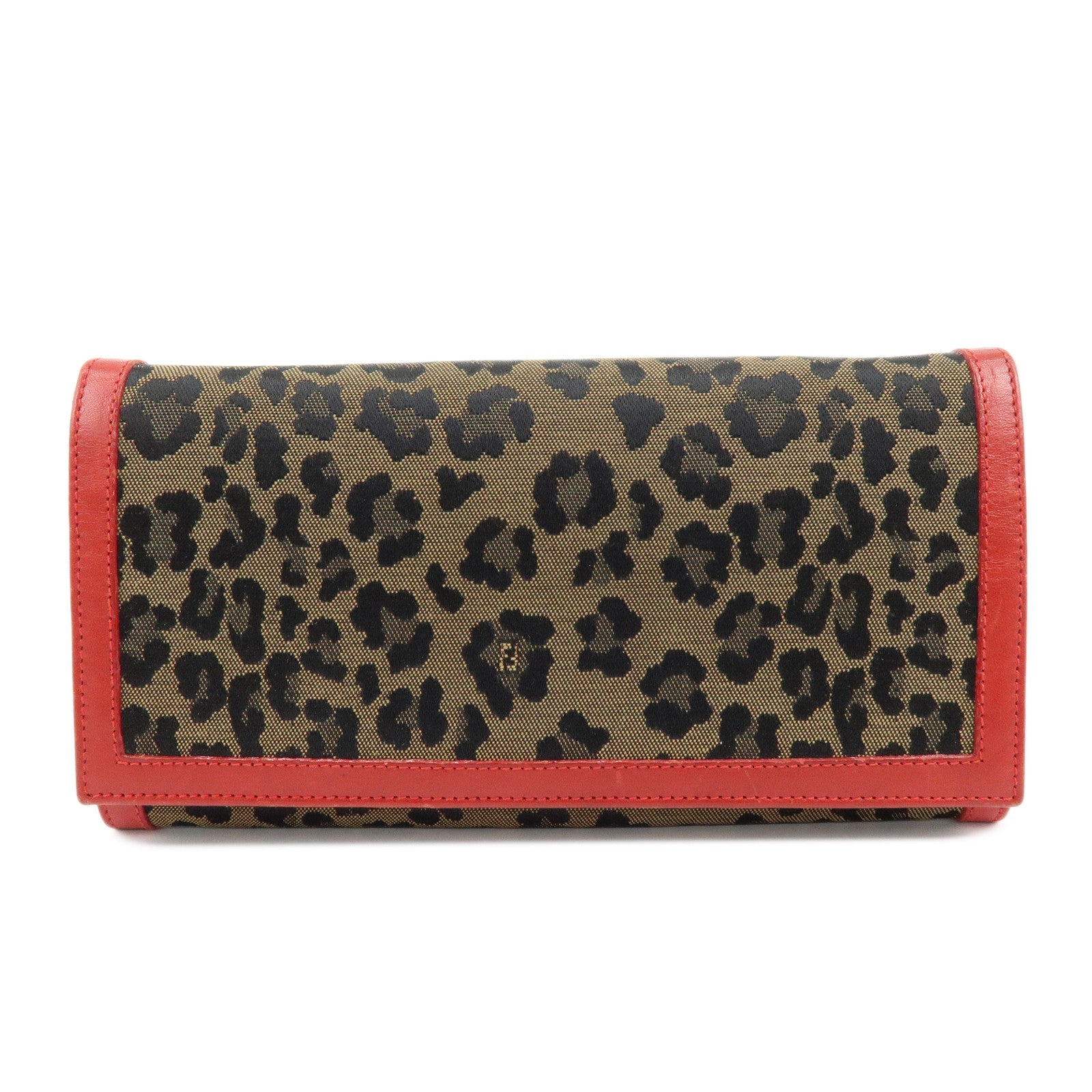 FENDI Zucca Canvas Leather Long Wallet Leopard Brown Red 30851