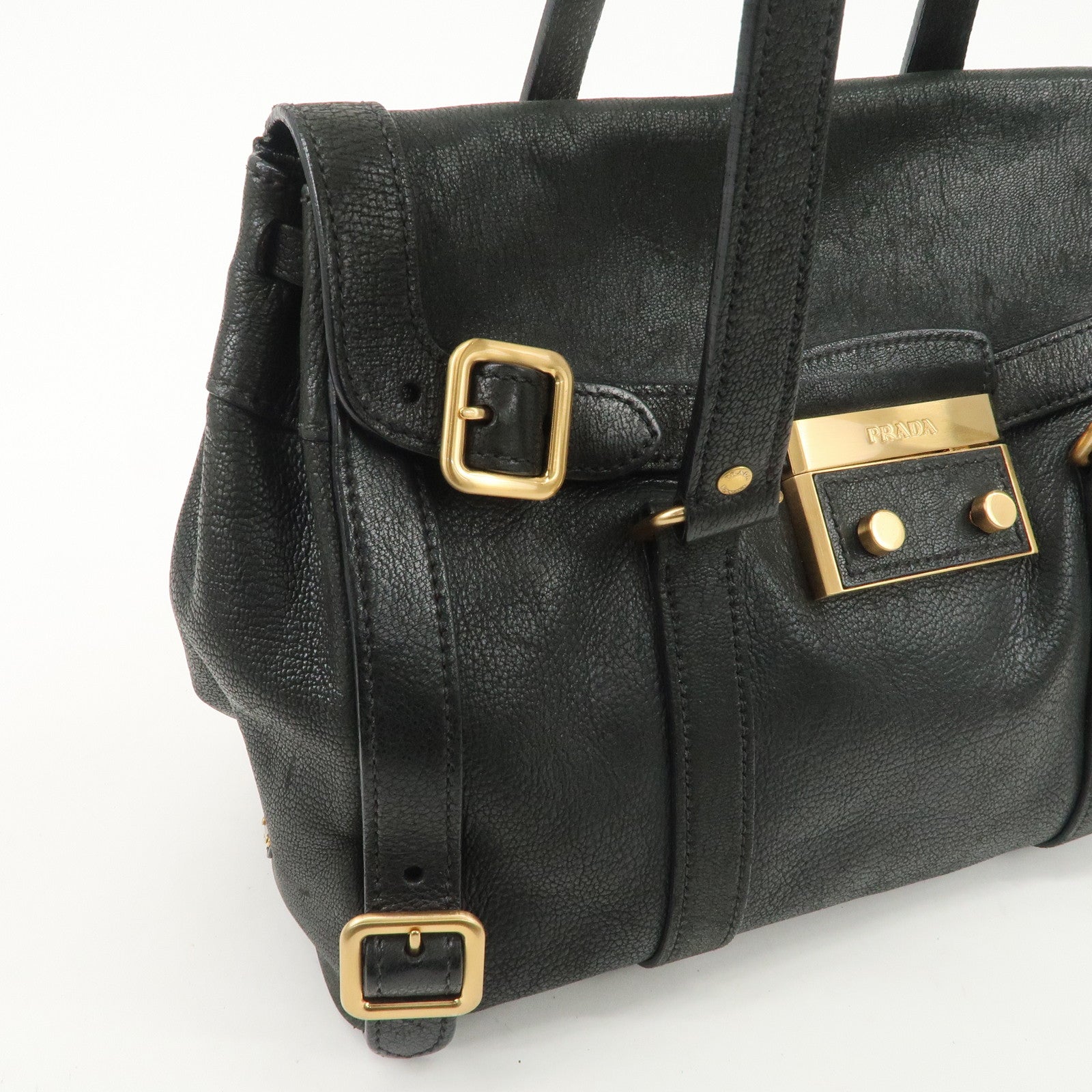 PRADA Leather Shoulder Bag Hand Bag Black BR3027 Used