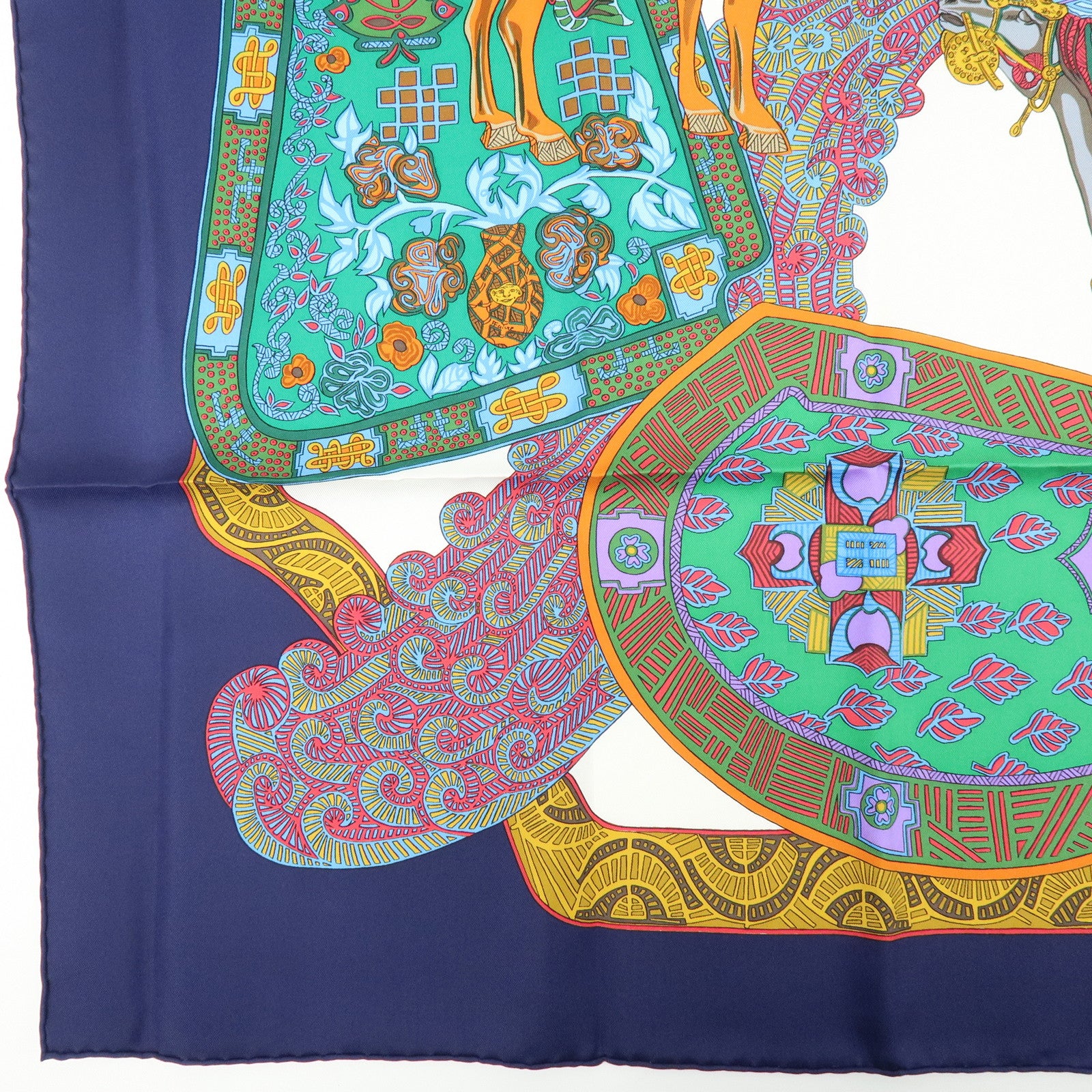 HERMES Carre 90 Silk 100% Scarf ART des STEPPES Horse Print Navy
