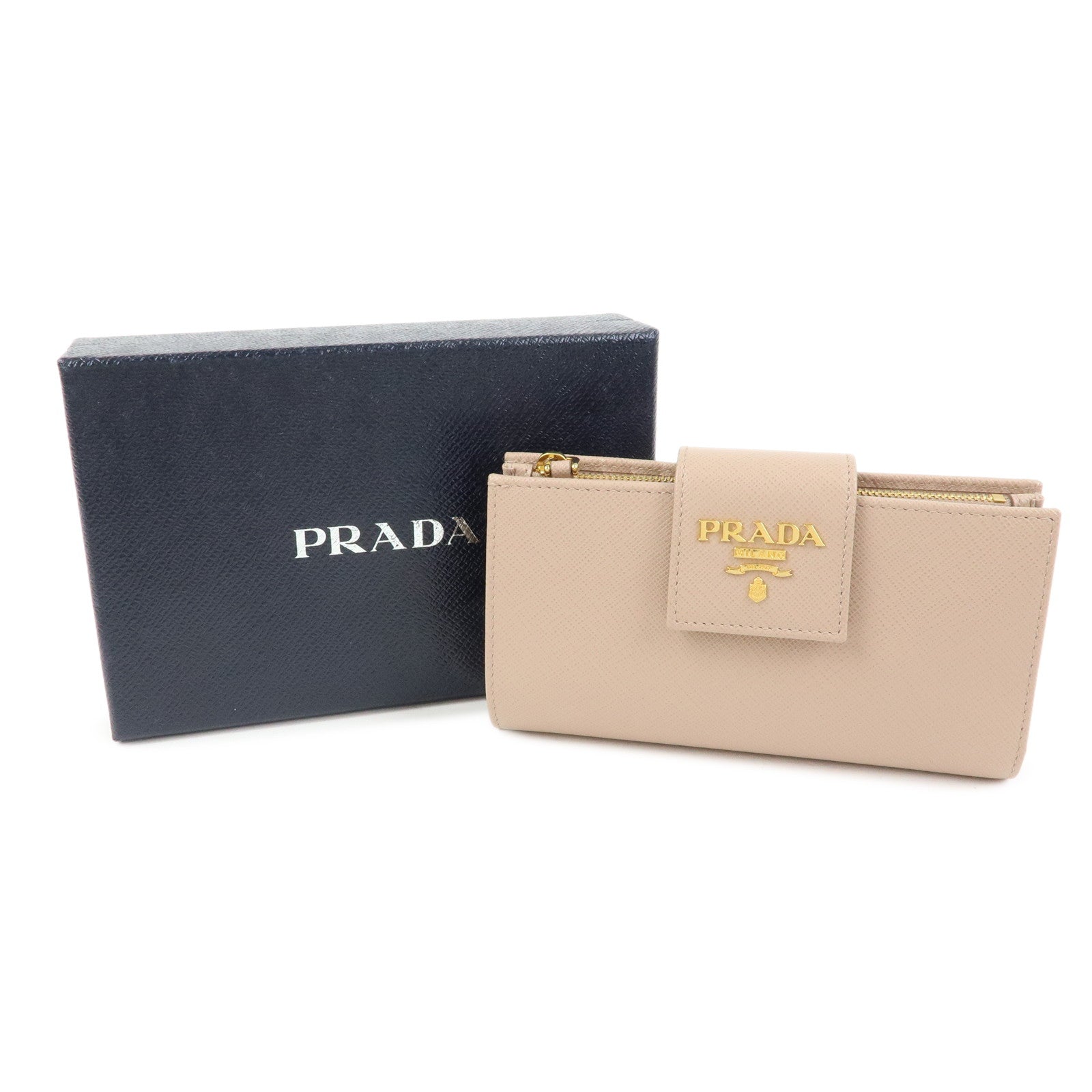 PRADA Logo Saffiano Leather Flap Long Wallet Pink Beige 1ML005