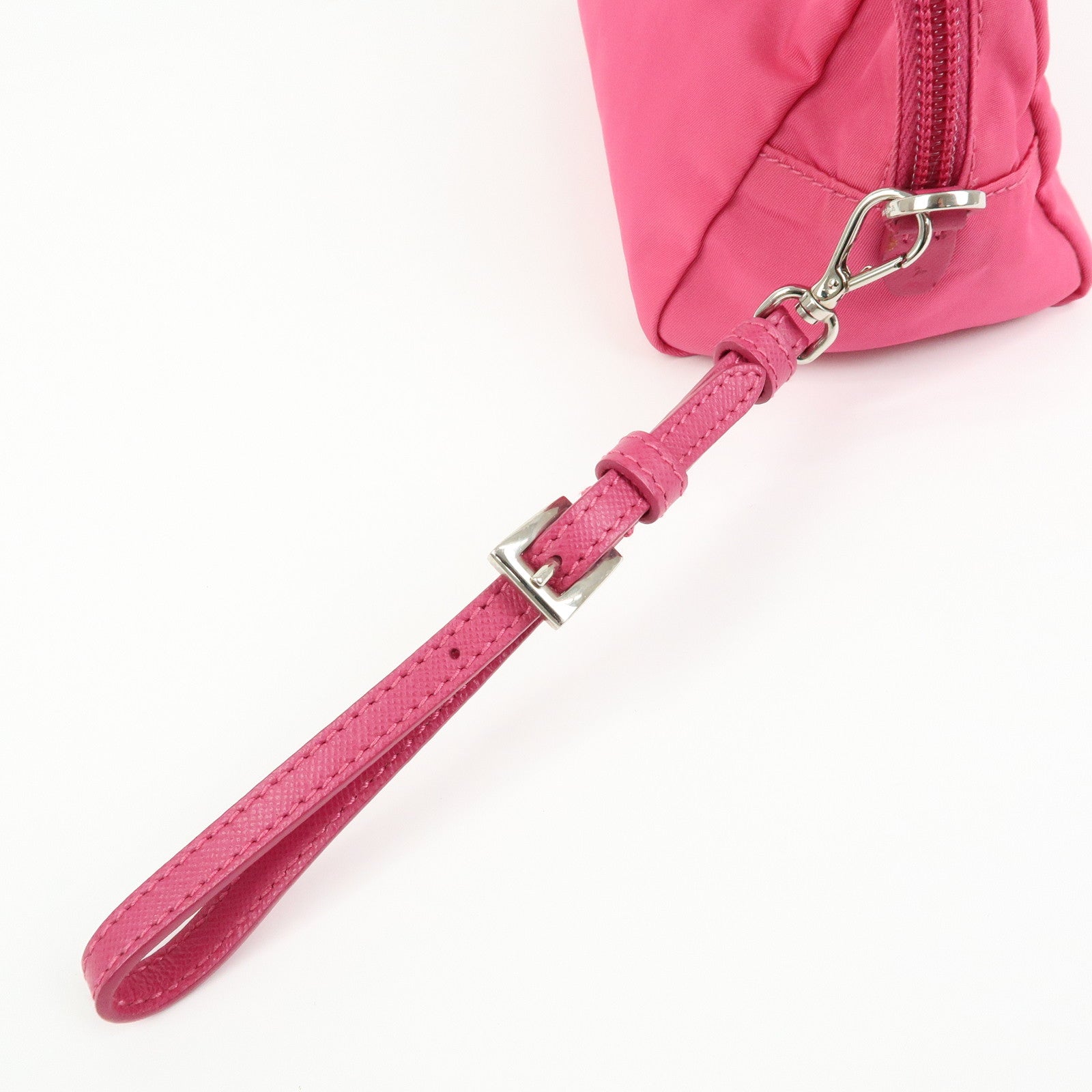 PRADA Triangle Logo Nylon Leather Cosmetic Wristlet Pouch Pink