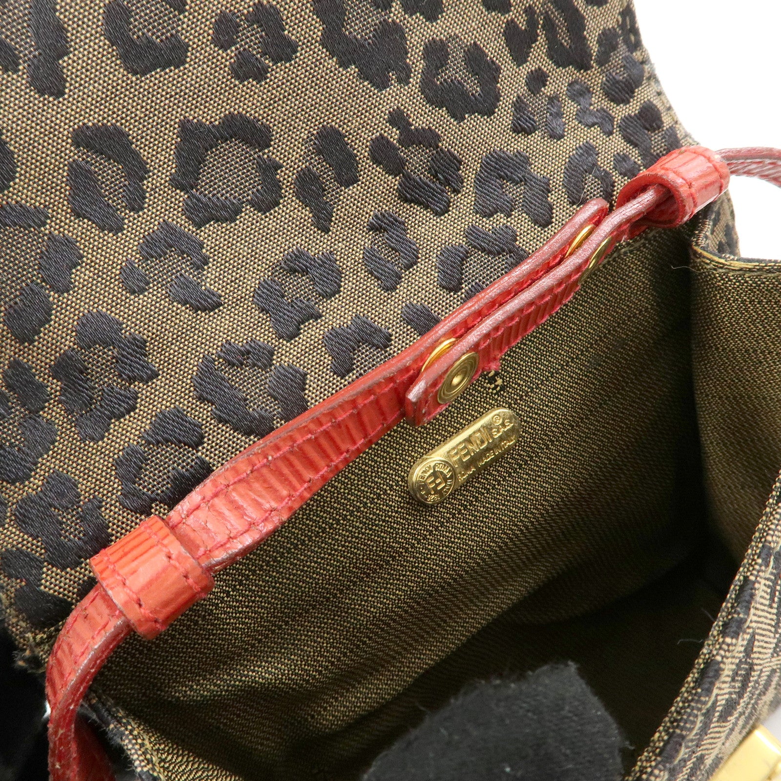 FENDI Leopard Canvas Leather 2Way Shoulder Bag Waist Bag Brown Red