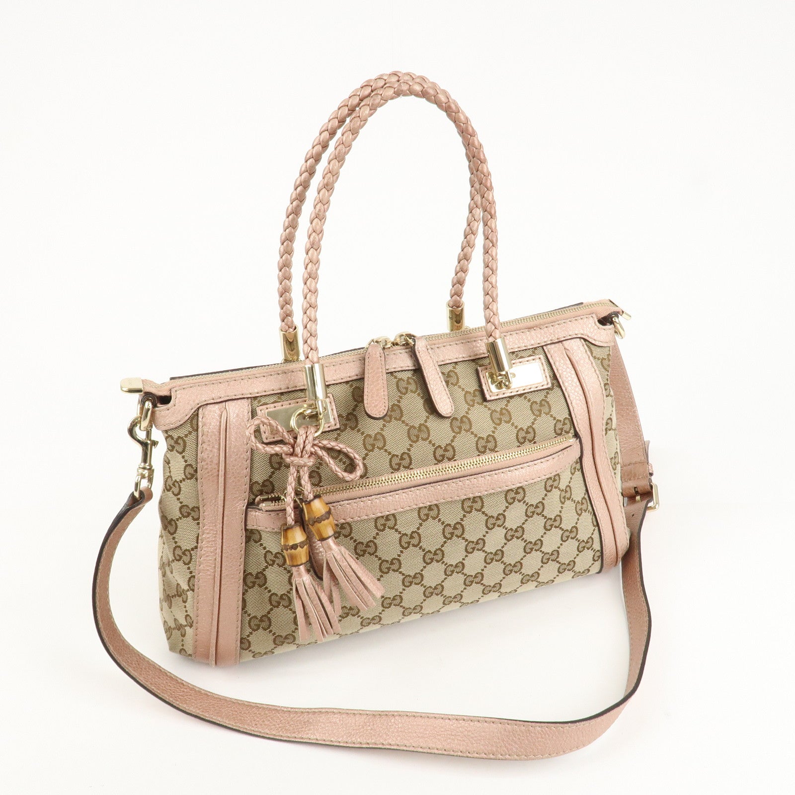 GUCCI Bamboo GG Canvas Leather 2Way Shoulder Bag Beige Pink 282300 Used