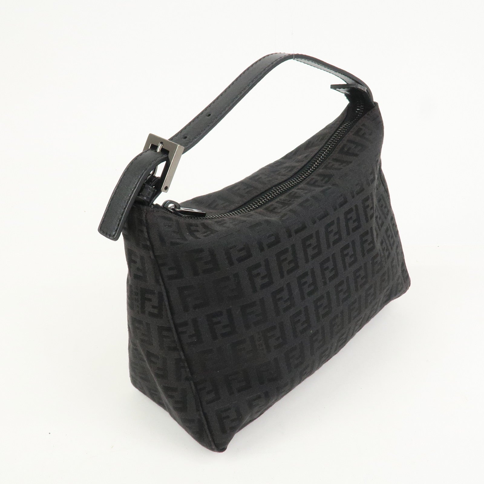 FENDI Zucchino Canvas Leather Hand Bag Pouch Black 8N0005