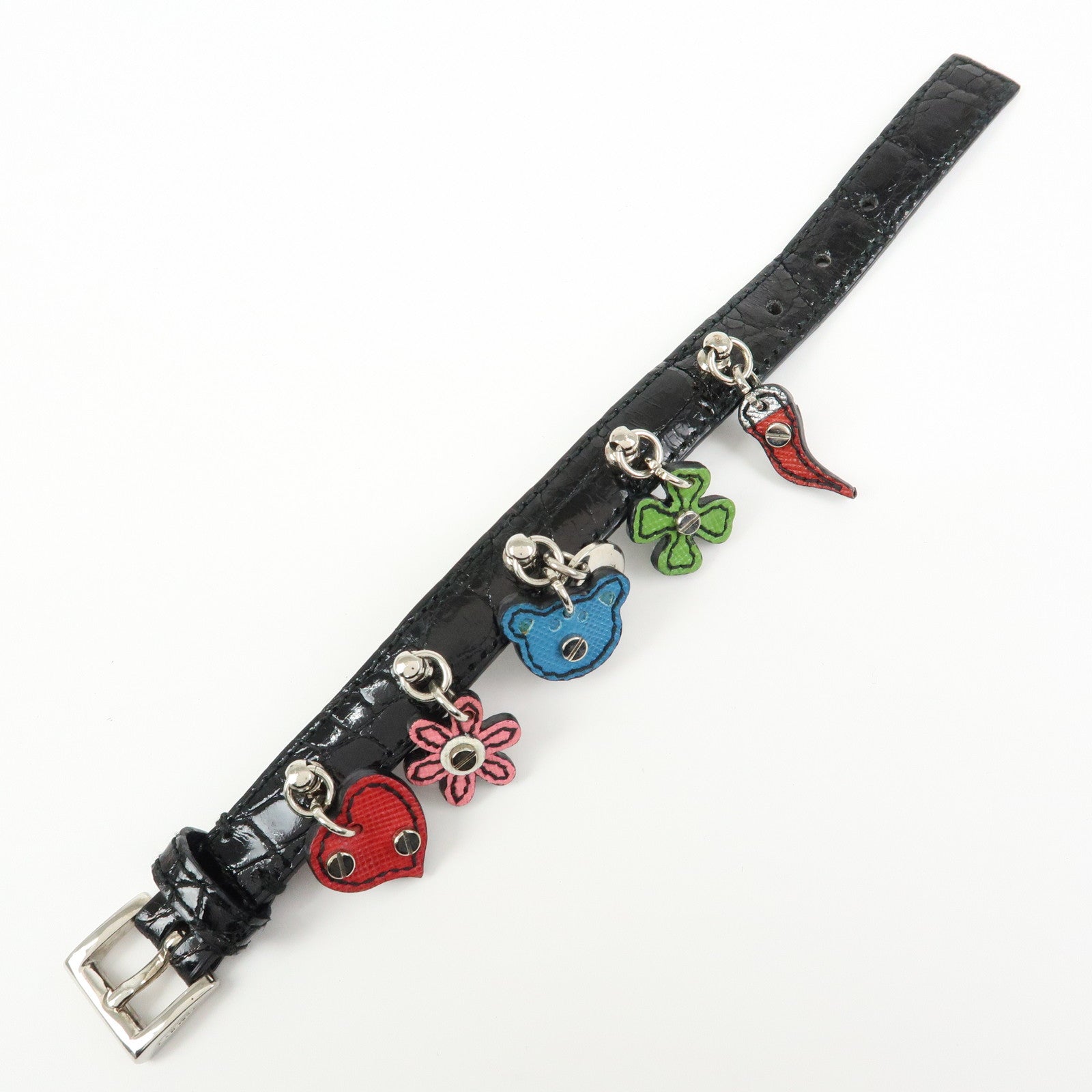 PRADA Patent Saffiano Leather Heart Flower Bear Bracelet Black