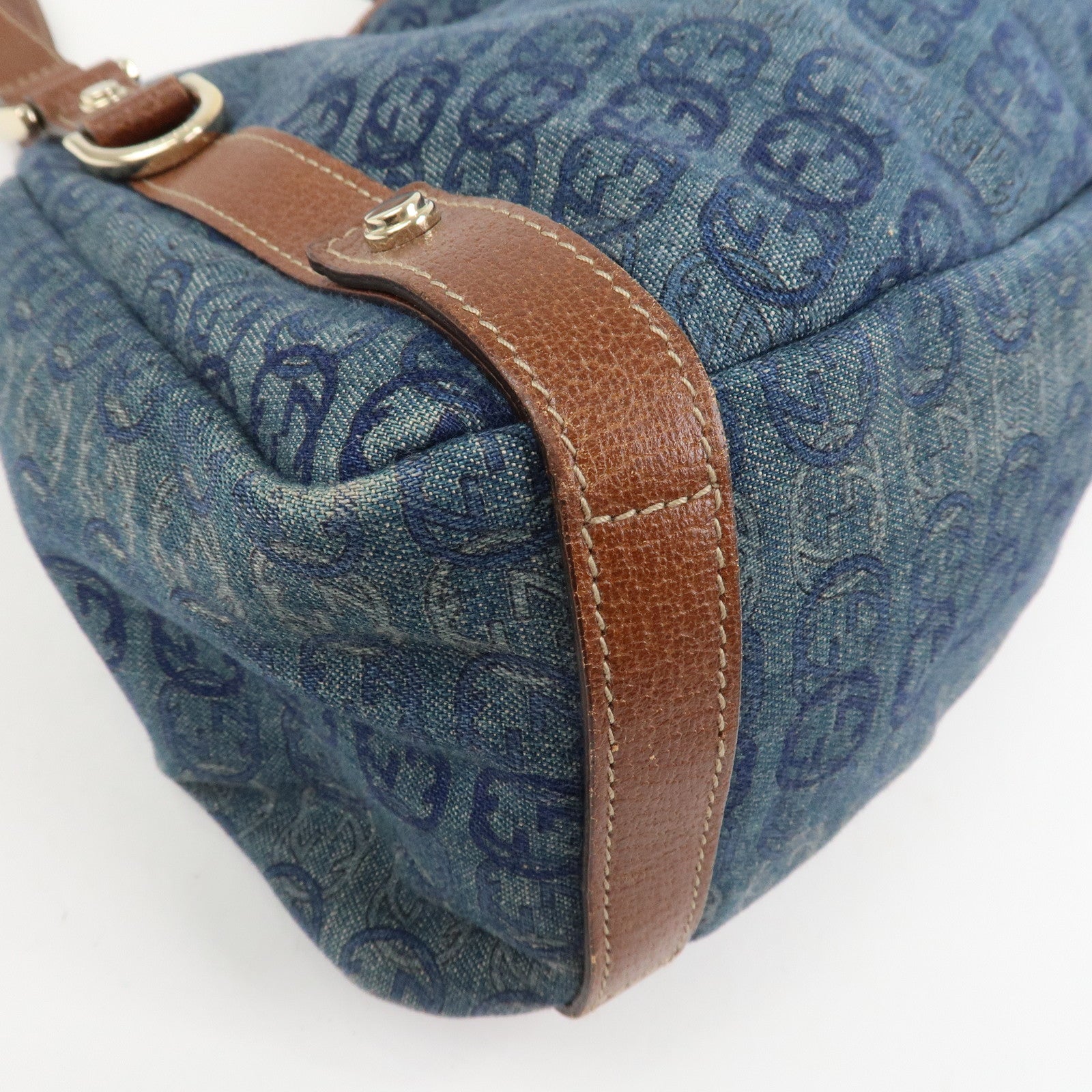 GUCCI Abbey Logo GG Denim Leather Tote Hand Bag Blue Brown 130736