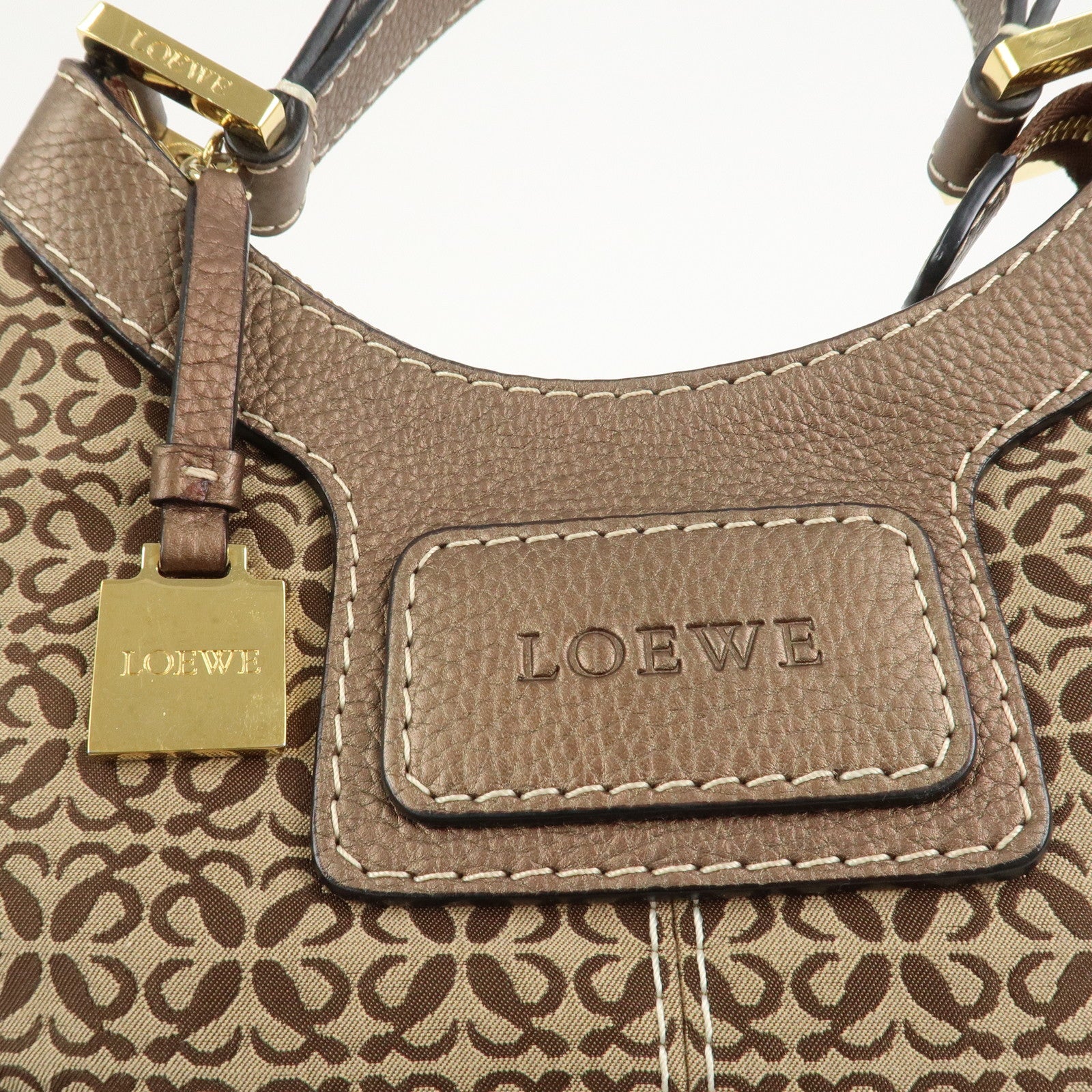 LOEWE New Road Line Logo Canvas Leather Shoulder Bag Brown Beige