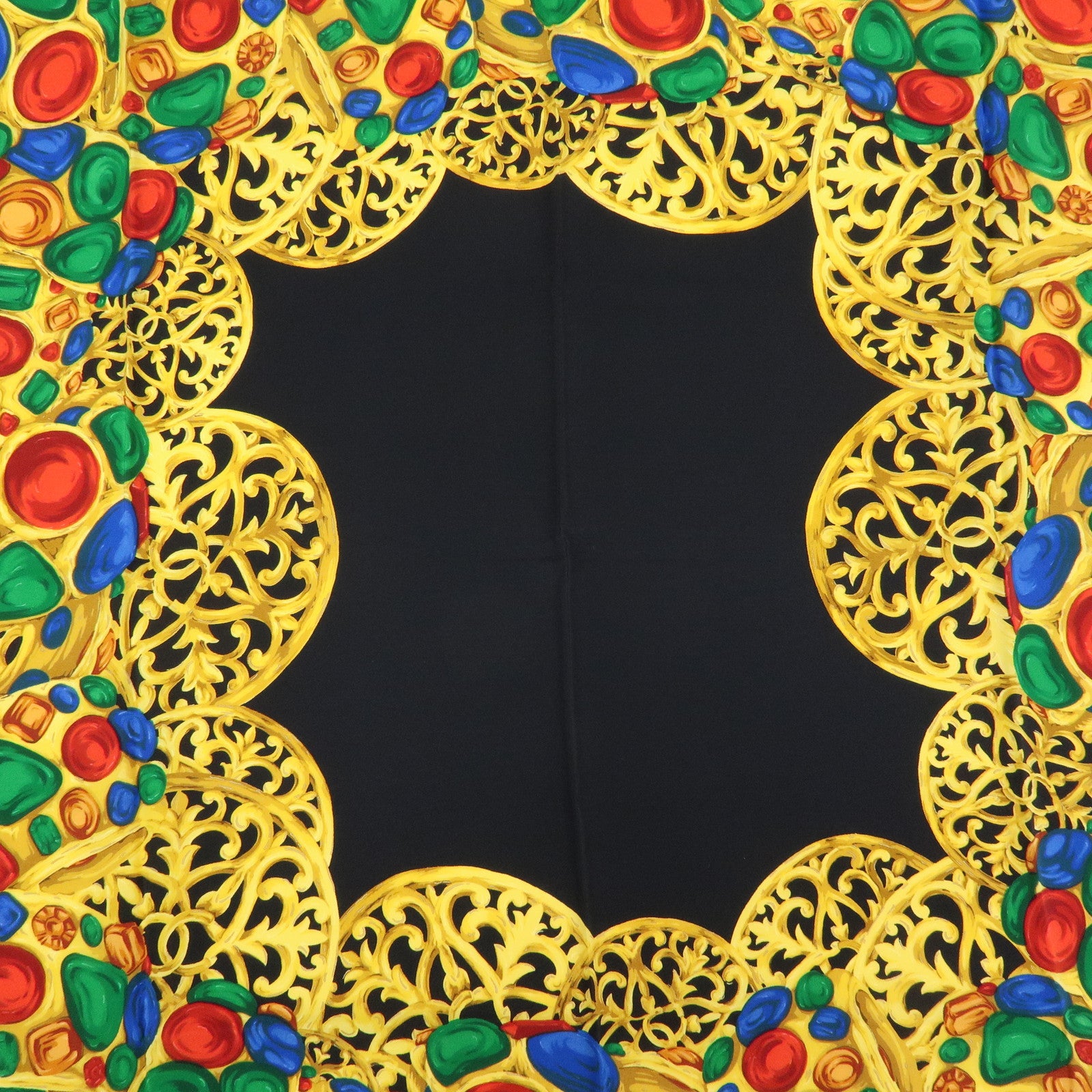 CHANEL Jewelry Motif Silk 100% Scarf Black Yellow Multicolor