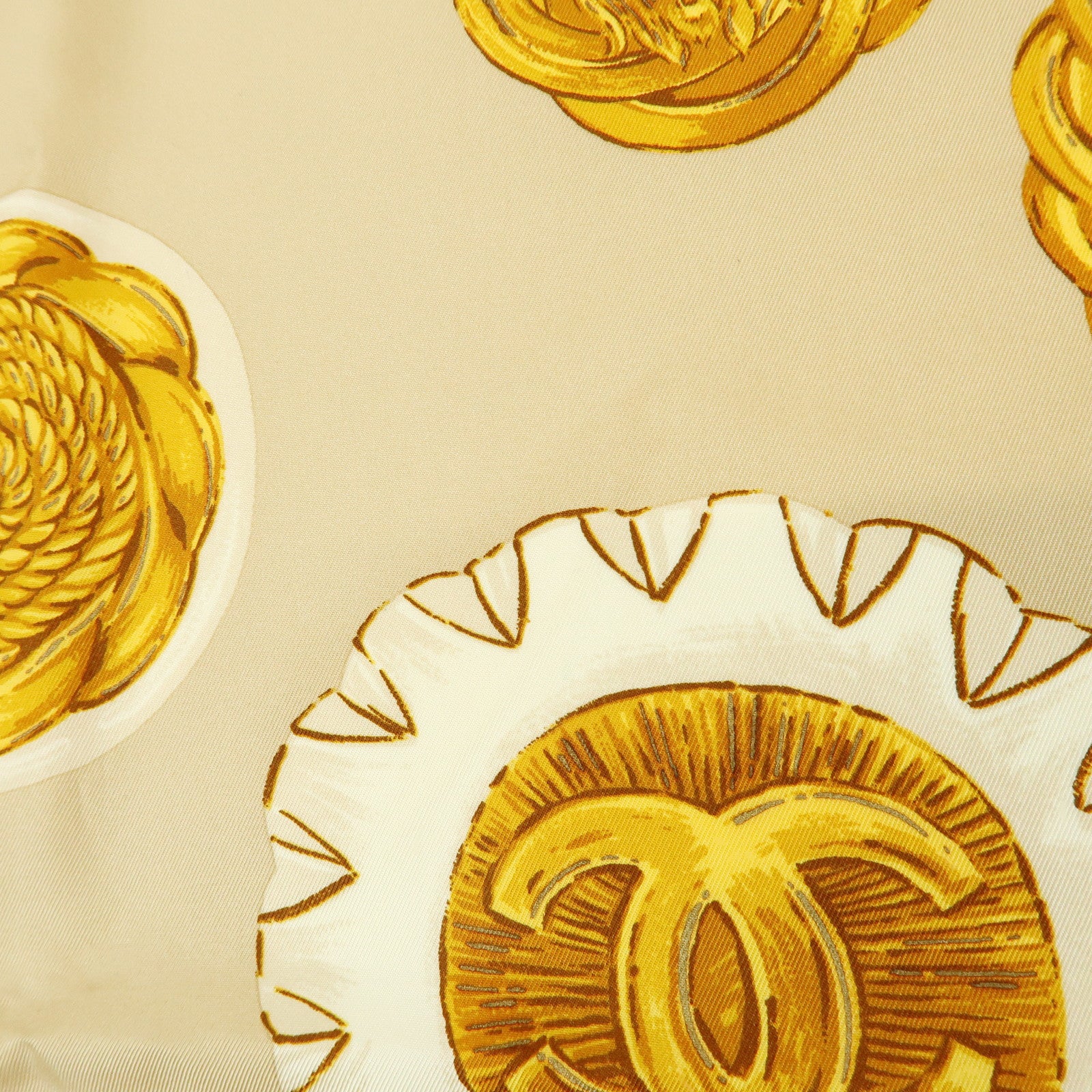 CHANEL COCO Mark Silk 100% Scarf Chain Pattern Yellow Beige