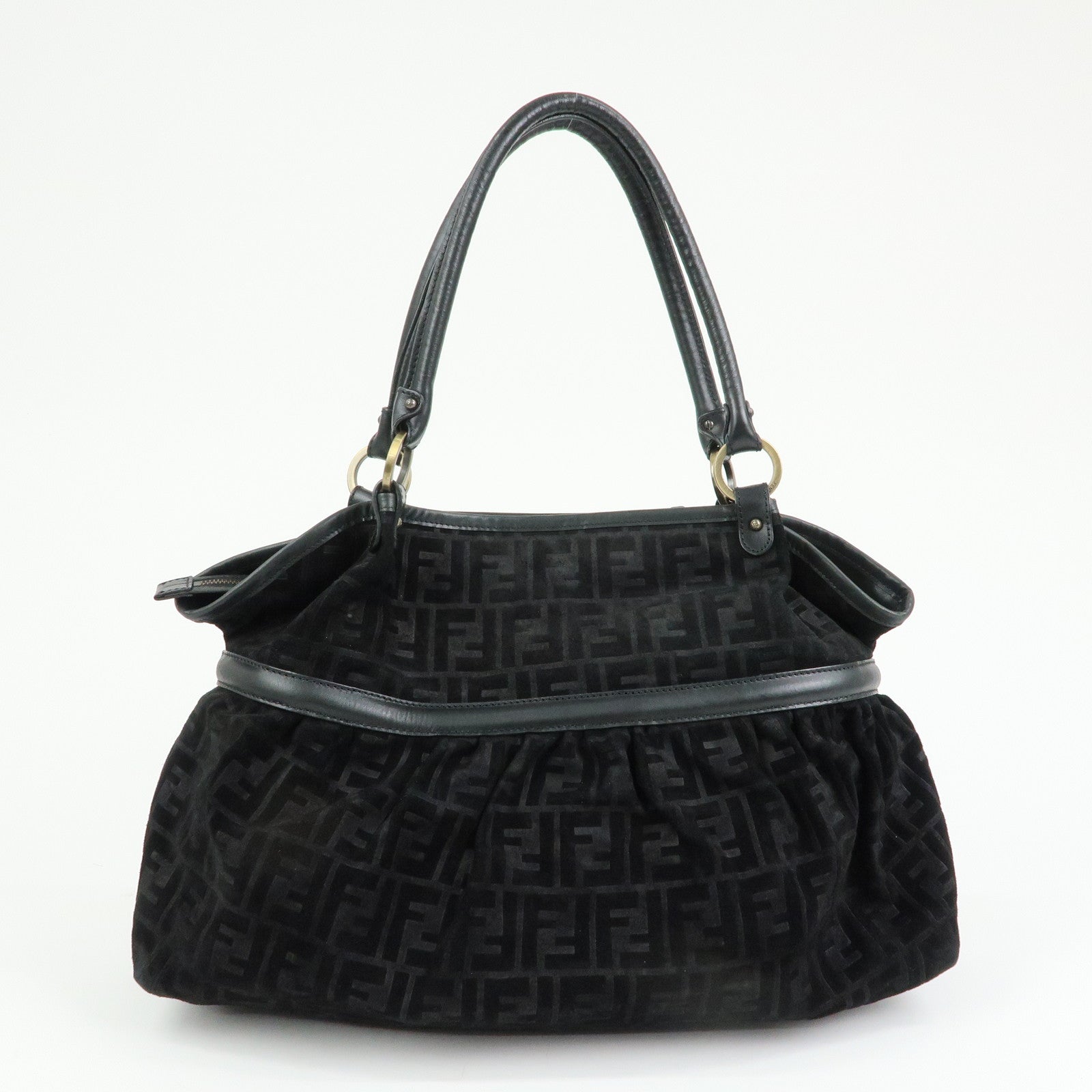 FENDI Zucca Suede Leather Gathered Shoulder Bag Black 8BH186