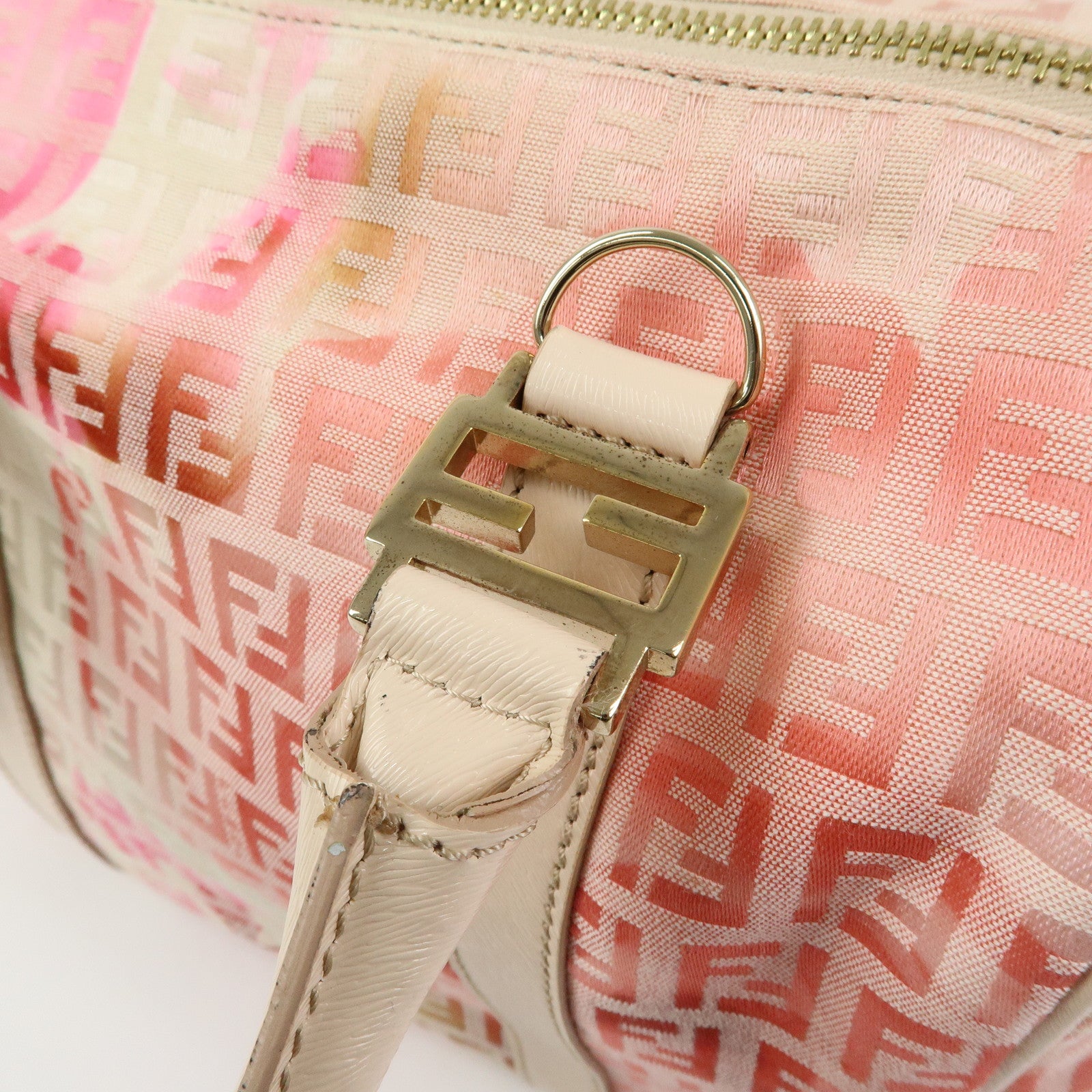 FENDI Zucchino Canvas Leather Mini Boston Bag Hand Bag Pink Ivory