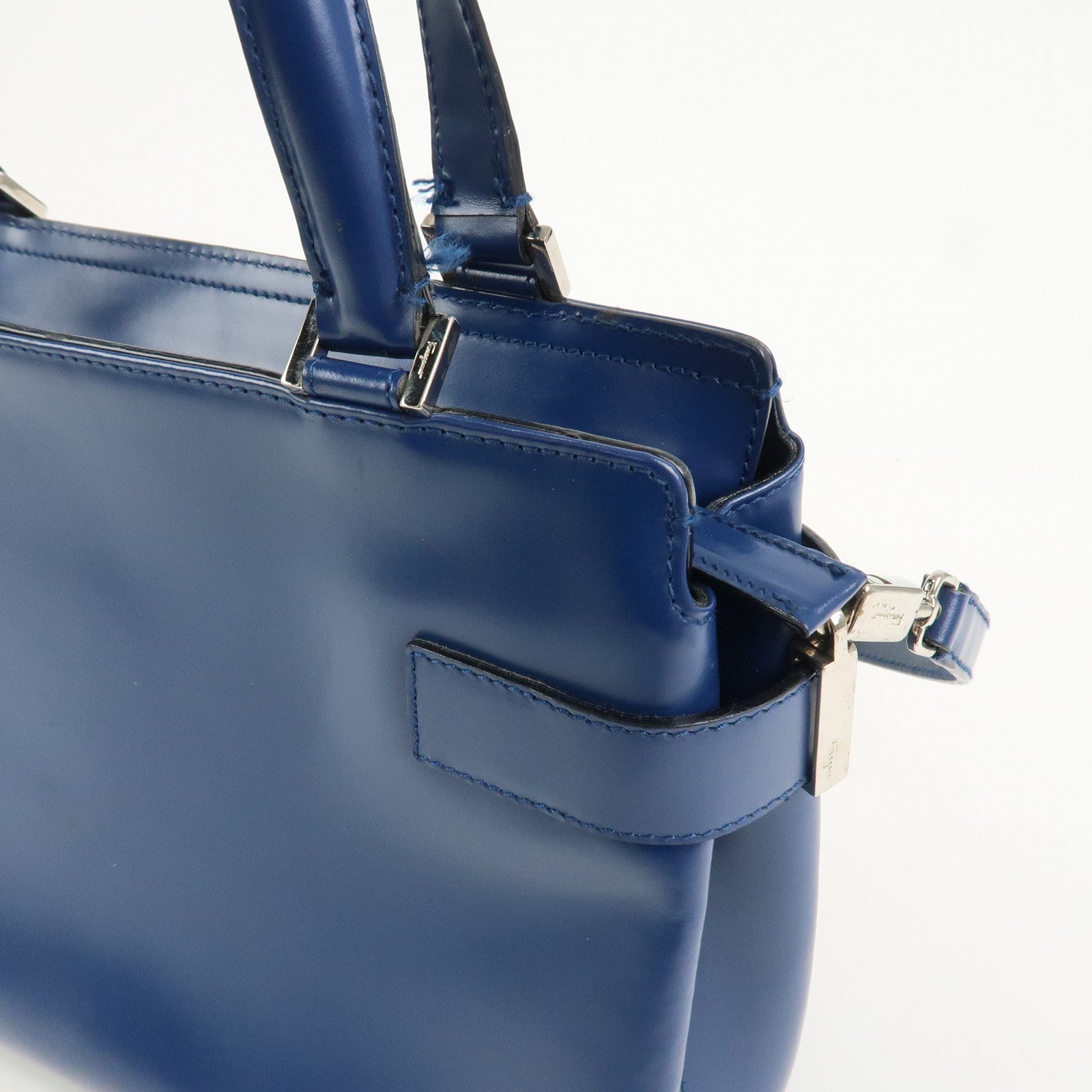 Ferragamo Gancini Logo Leather 2Way Bag Hand Bag Shoulder Bag Blue