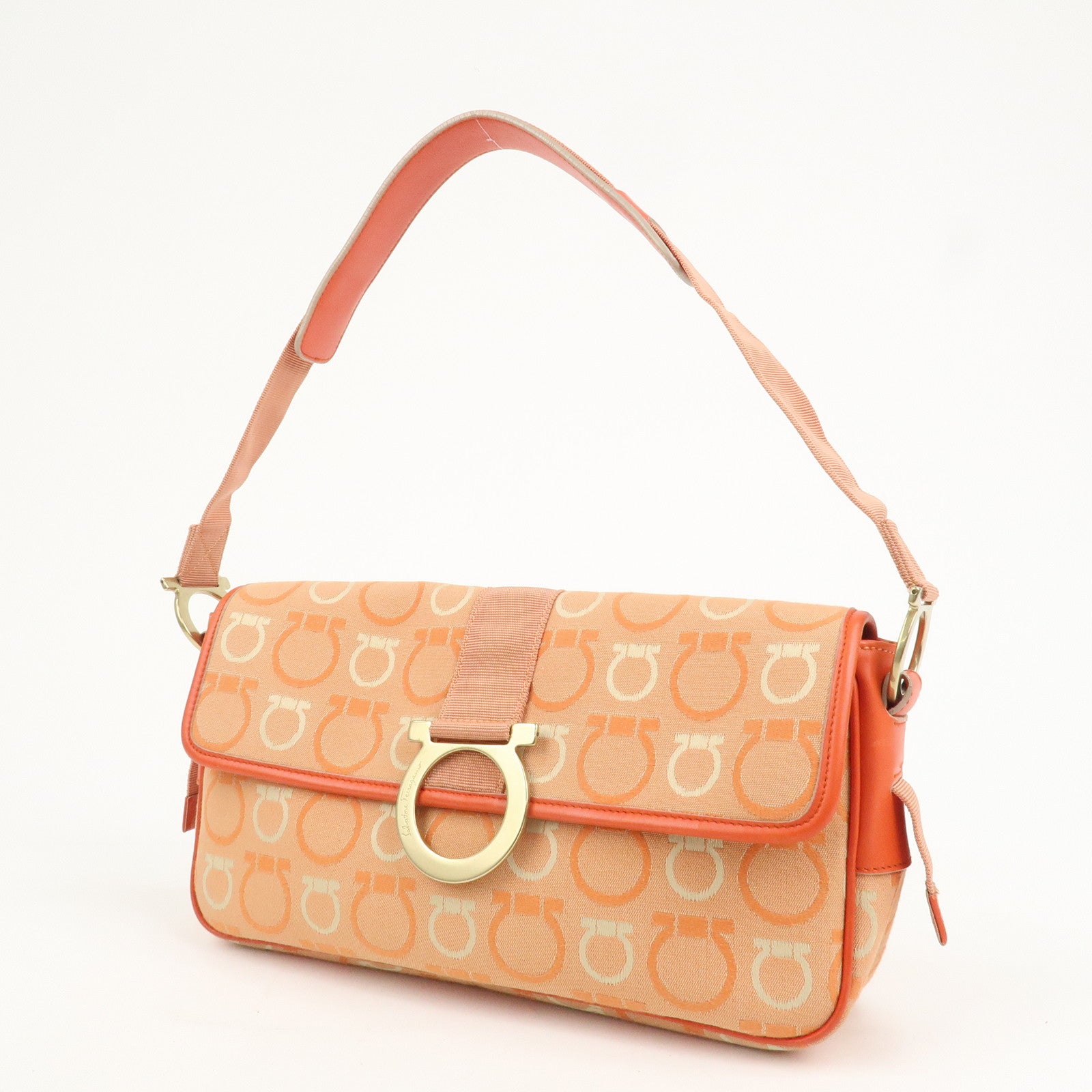 Ferragamo Gancini Canvas Leather Shoulder Bag Orange