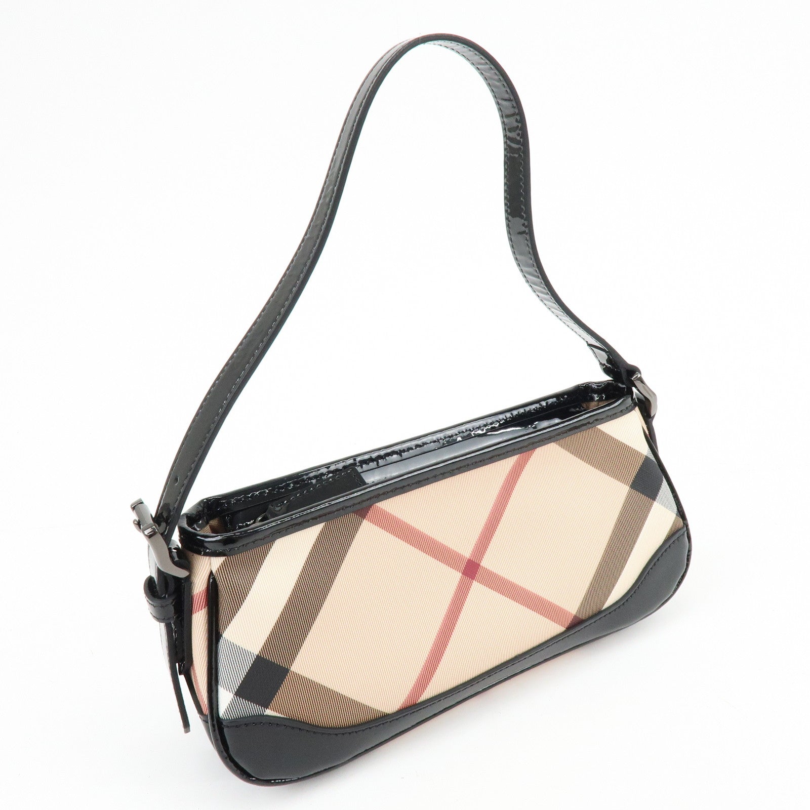 BURBERRY Nova Plaid PVC Patent Leather Hand Bag Beige Black