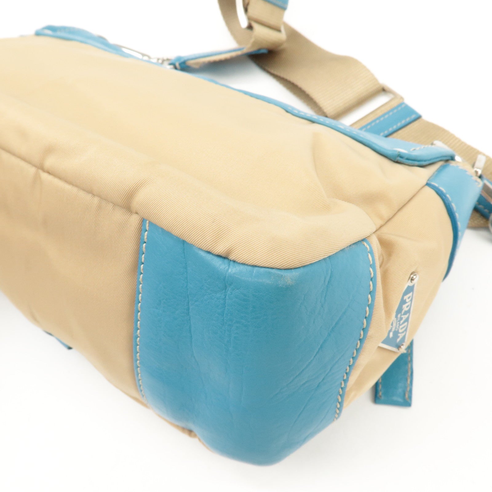 PRADA Nylon Leather Shoulder Bag Crossbody Bag Blue Beige BR2417 Used