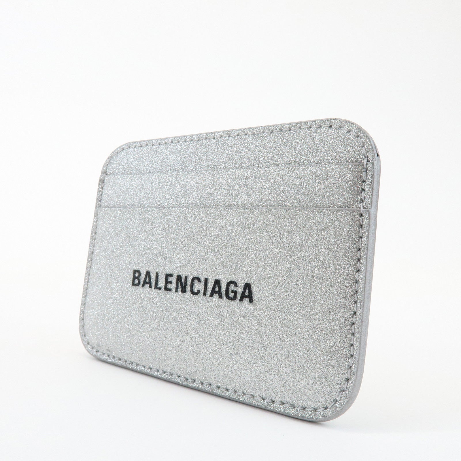 BALENCIAGA Logo Leather Card Case Card Holder Silver