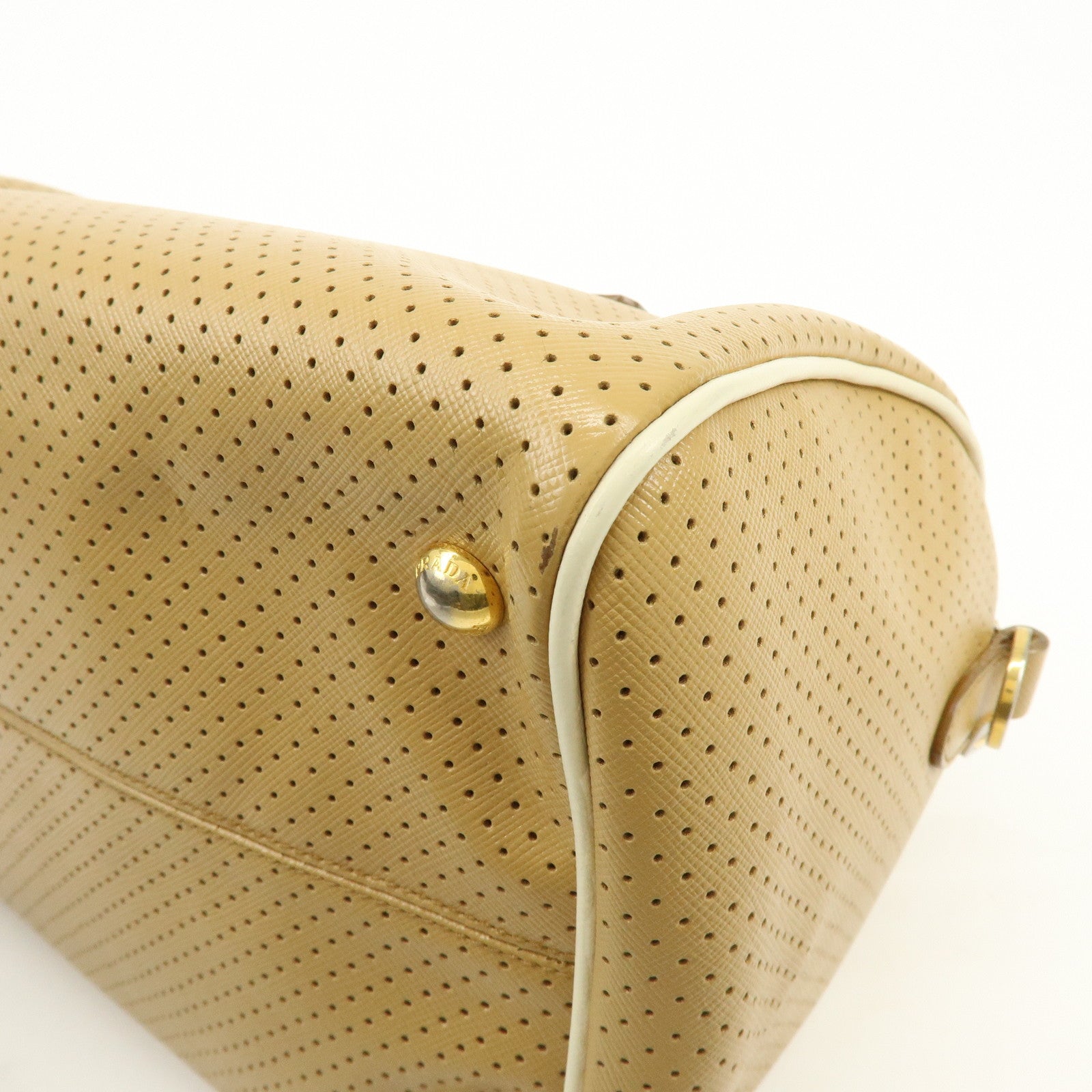 PRADA Triangle Logo Saffiano Leather Punched Boston Bag Beige