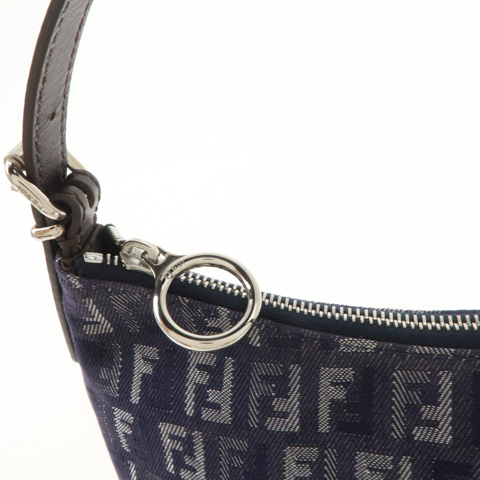 FENDI Zucchino Canvas Leather Shoulder Bag Hand bag Navy 8BR248 Used
