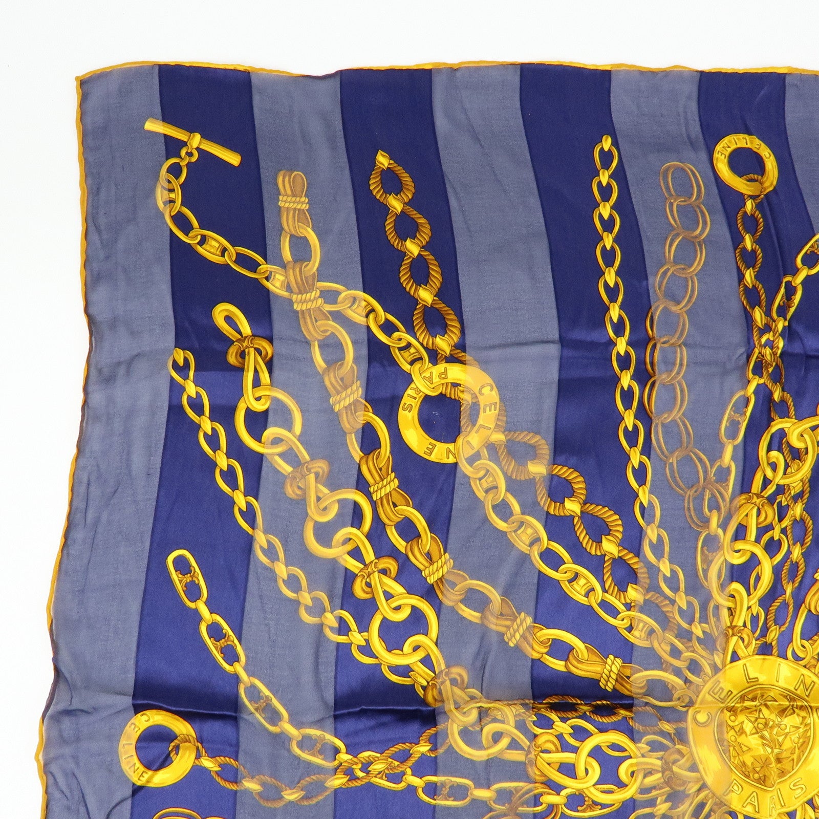 CELINE Silk 100% Chiffon Scarf Gold Chain Motif Navy Gold
