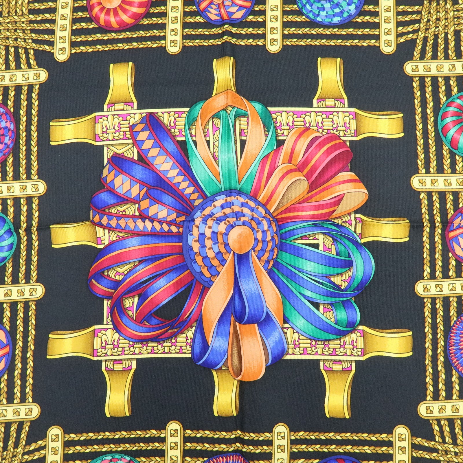 HERMES Carre 90 Silk 100% Scarf LES RUBANS DU CHEVAL Black