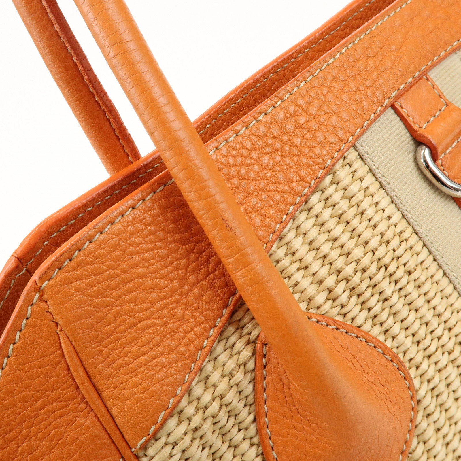 PRADA Triangle Logo Raffia Leather Shoulder Bag Natural Orange