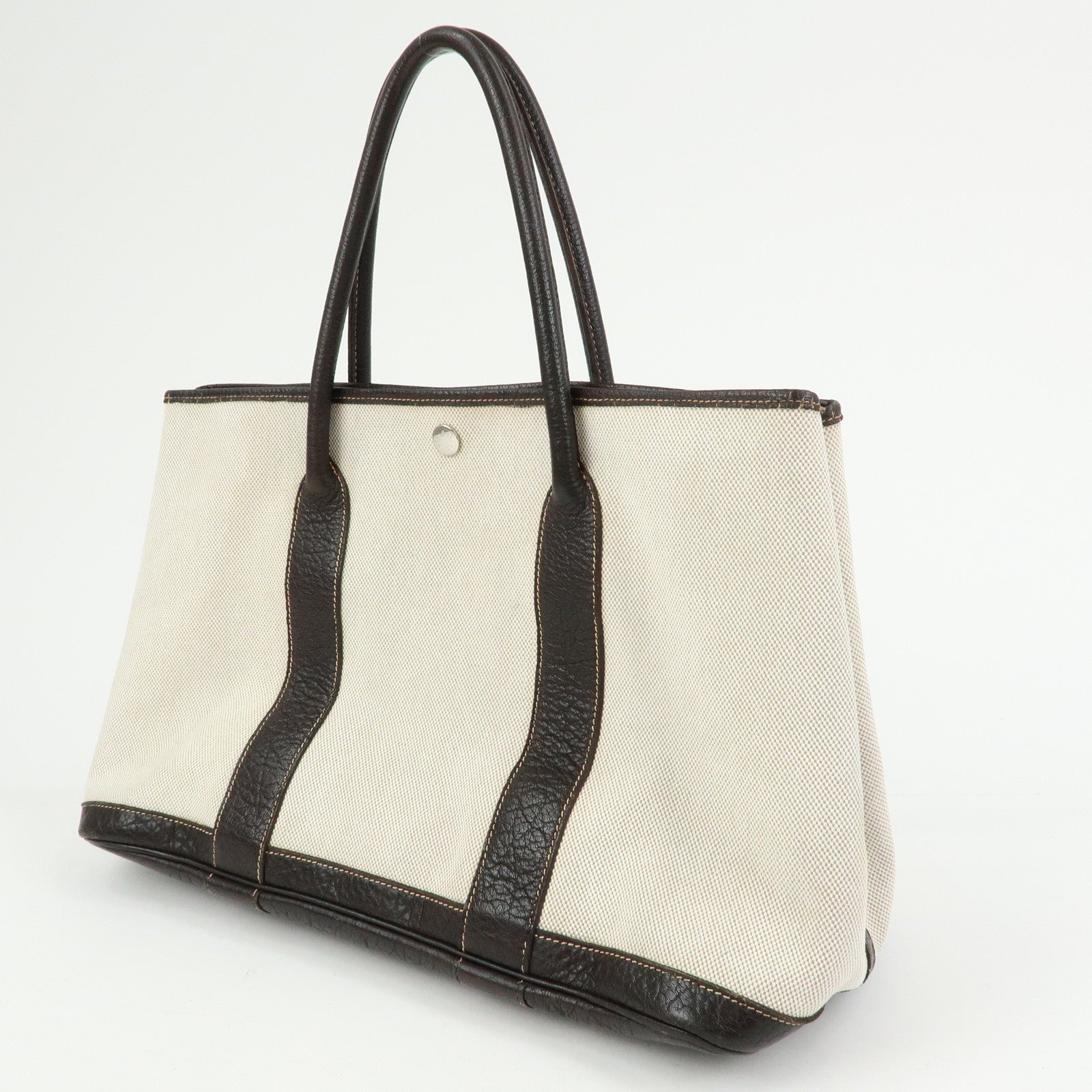 HERMES Canvas Leather Garden Party PM 笆。I Stamped Tote Bag Beige