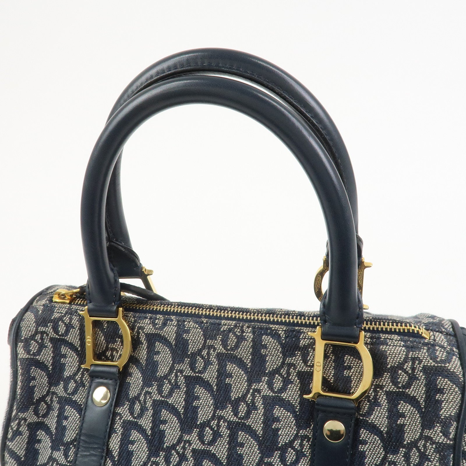 Christian Dior Trotter Jacquard Canvas Leather Boston Bag Navy