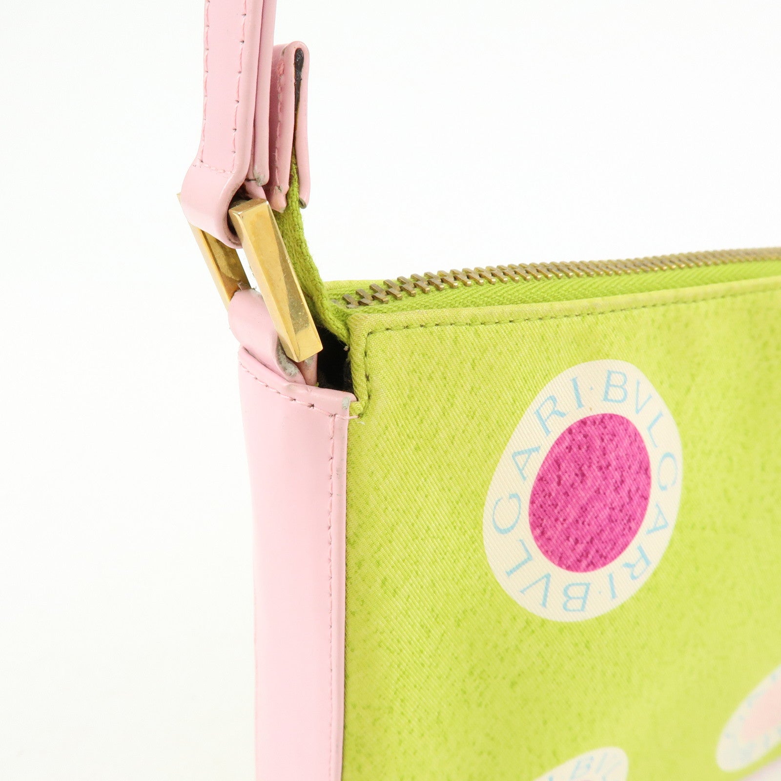 BVLGARI Nylon Leather Shoulder Bag Hand Bag Light Pink Light Green