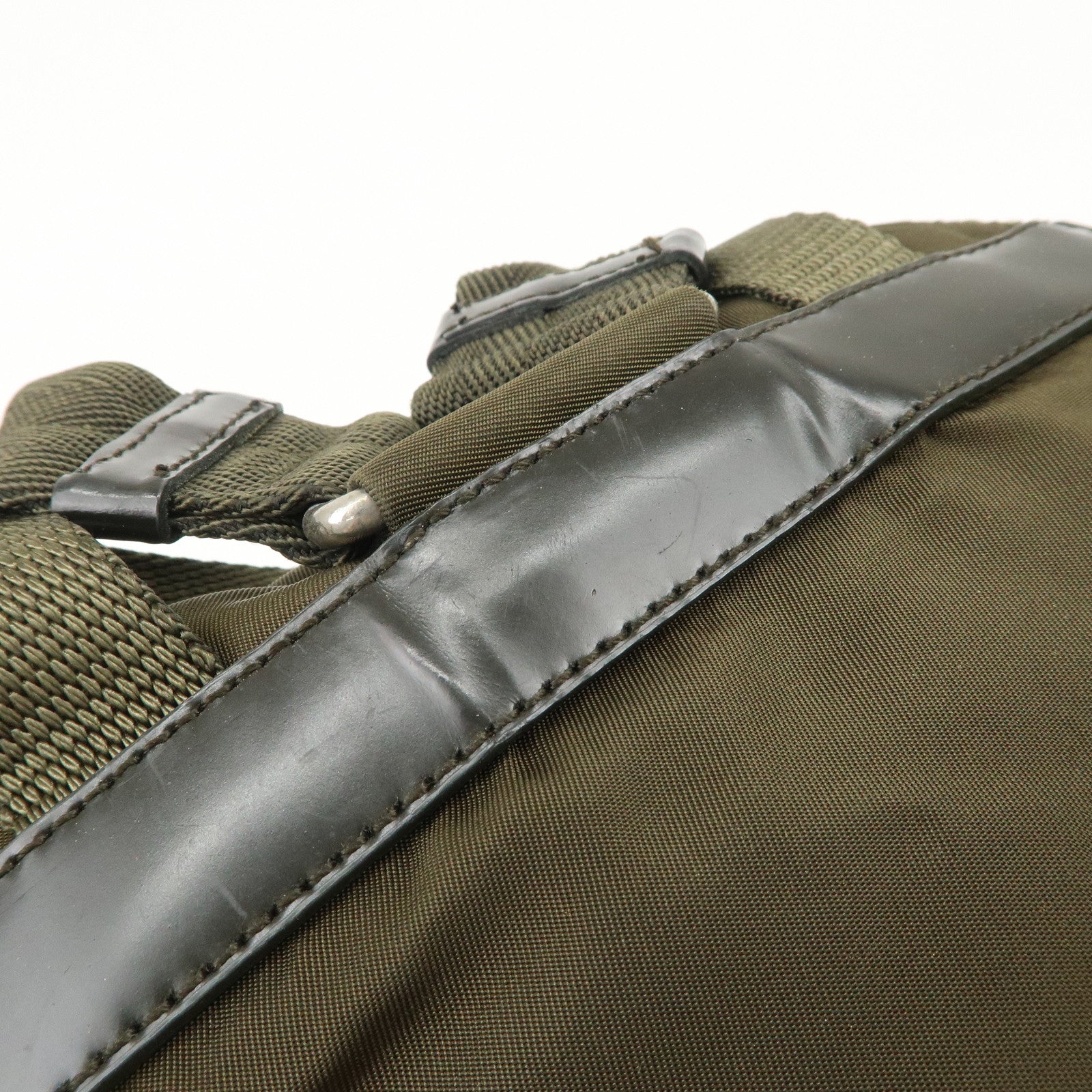 PRADA Triangle Logo Nylon Leather Backpack Ruck Sack Khaki B6677 Used