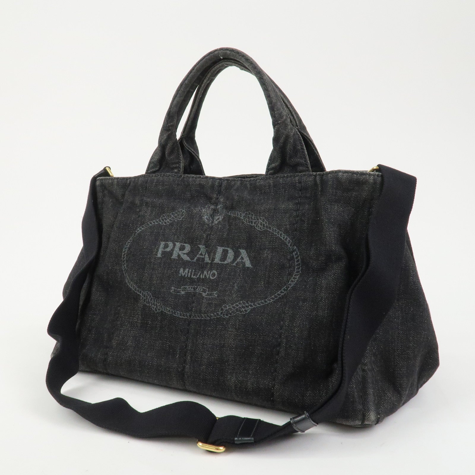 PRADA Canapa Denim 2Way Bag Hand Bag Shoulder Bag Black 1BG642