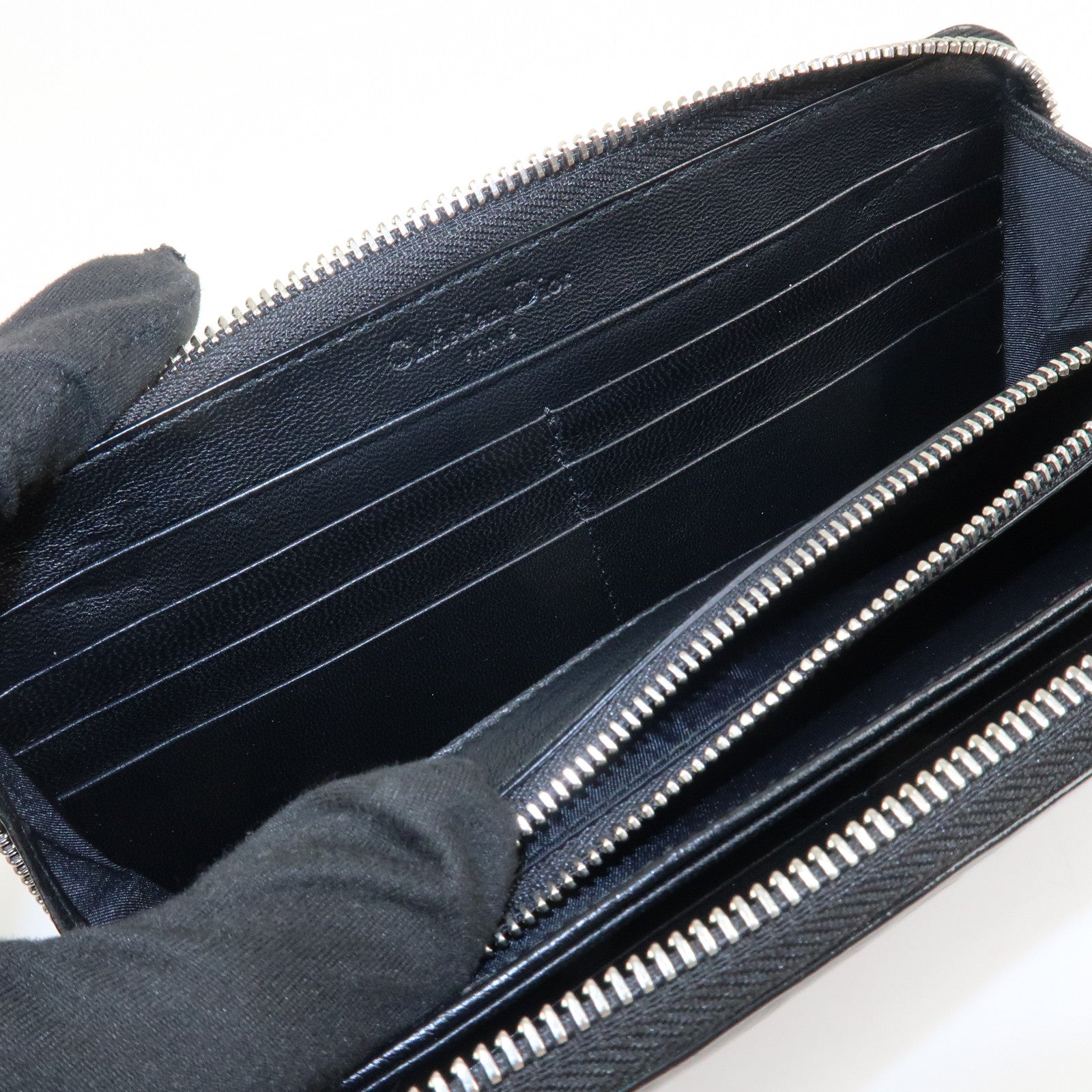 Christian Dior Trotter Patent Leather Round Zippy Long Wallet Black