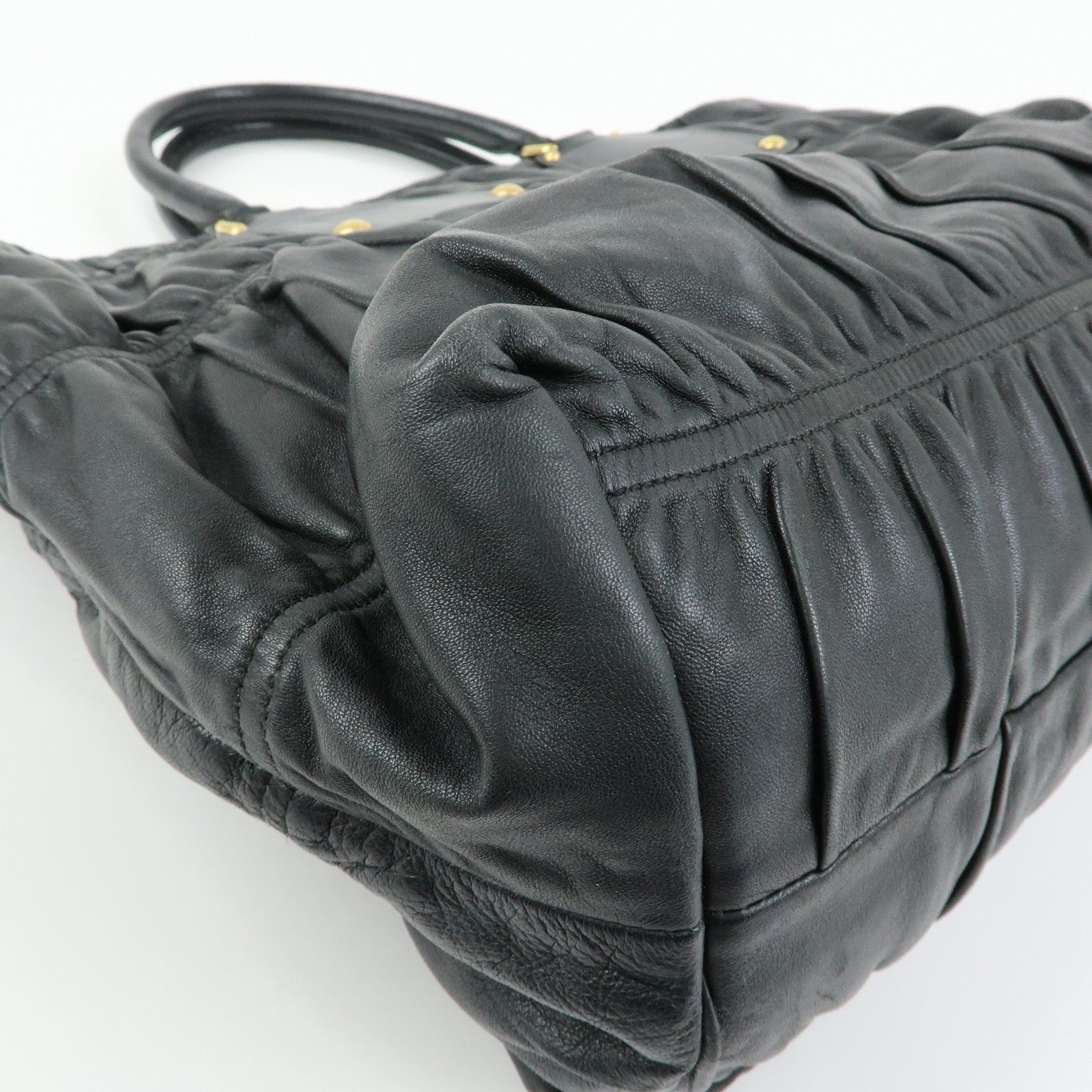 PRADA Logo Leather Gathered Tote Bag Hand Bag Black