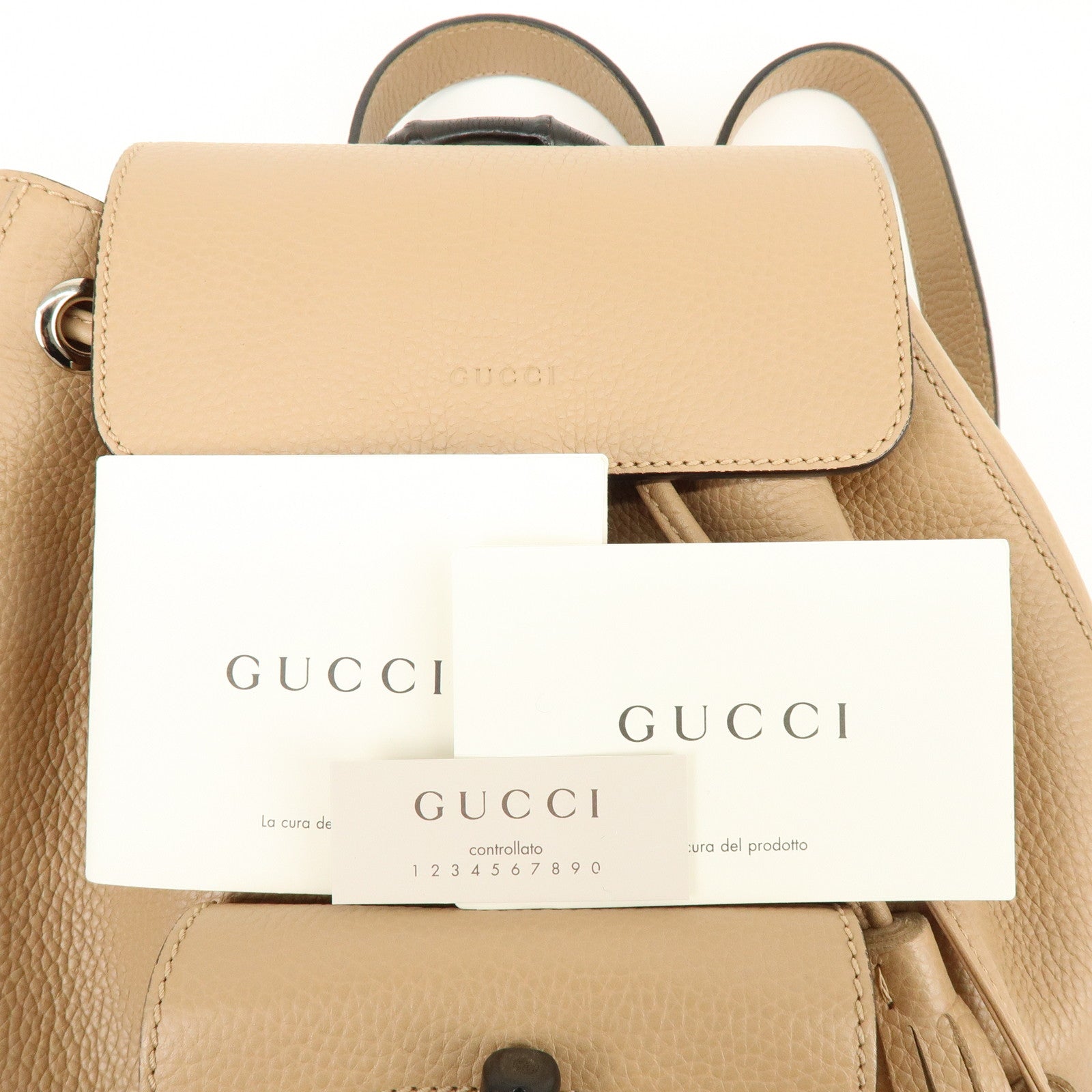 GUCCI Bamboo Tassel Leather Backpack Rucksack Beige 387149