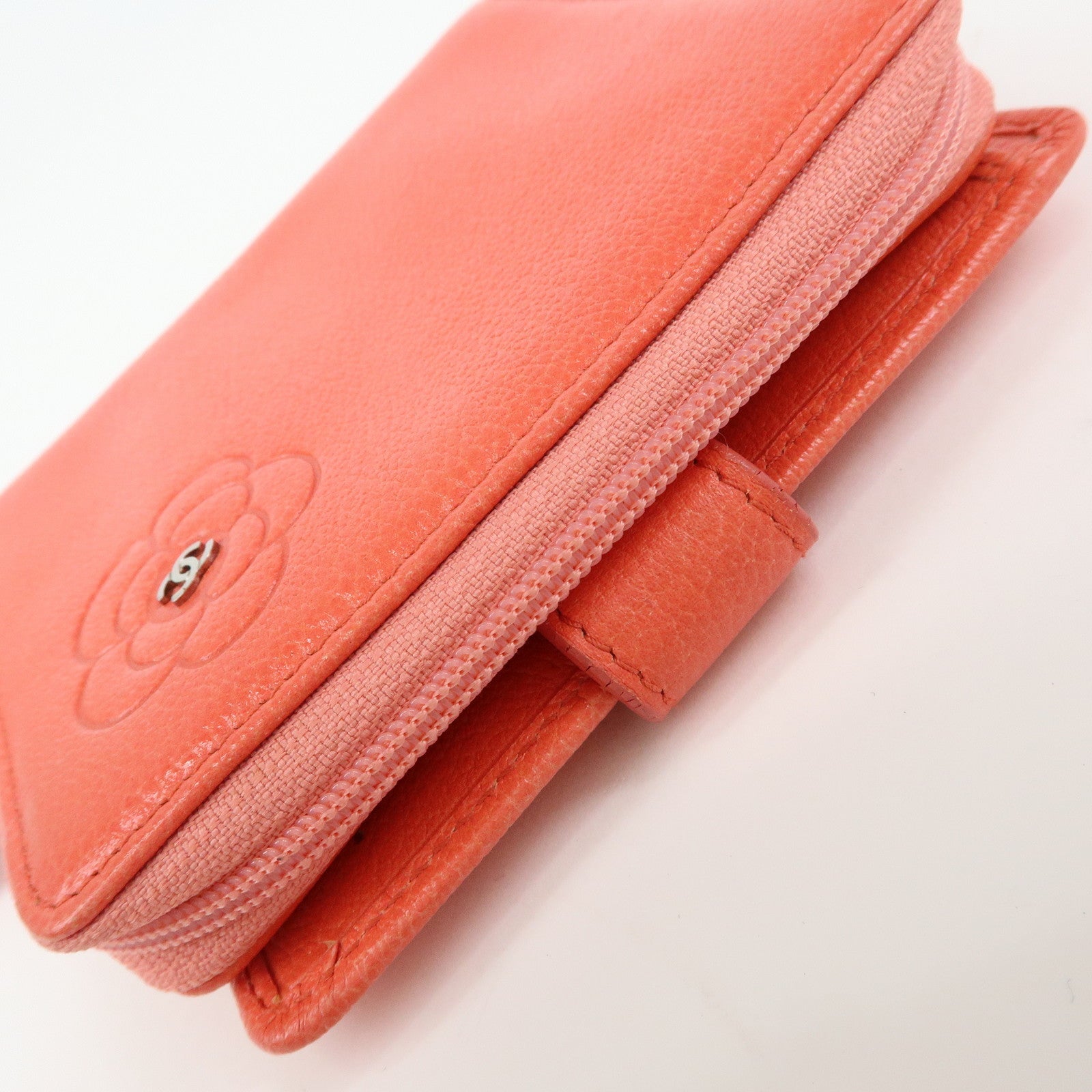 CHANEL Camellia Zip Around Leather Compact Wallet Rose Pink